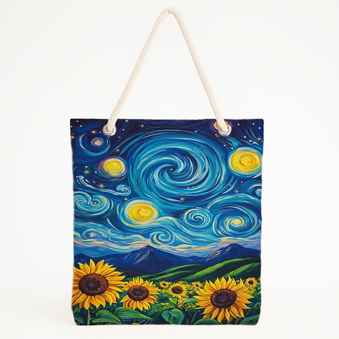 Yıldızlı Gece ve Ayçiçekleri Baskılı Plaj Çantası