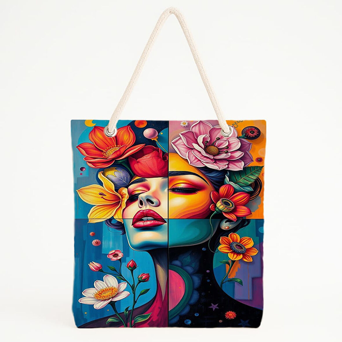 Çiçekli Kadın Portreleri Baskılı Plaj Çantası