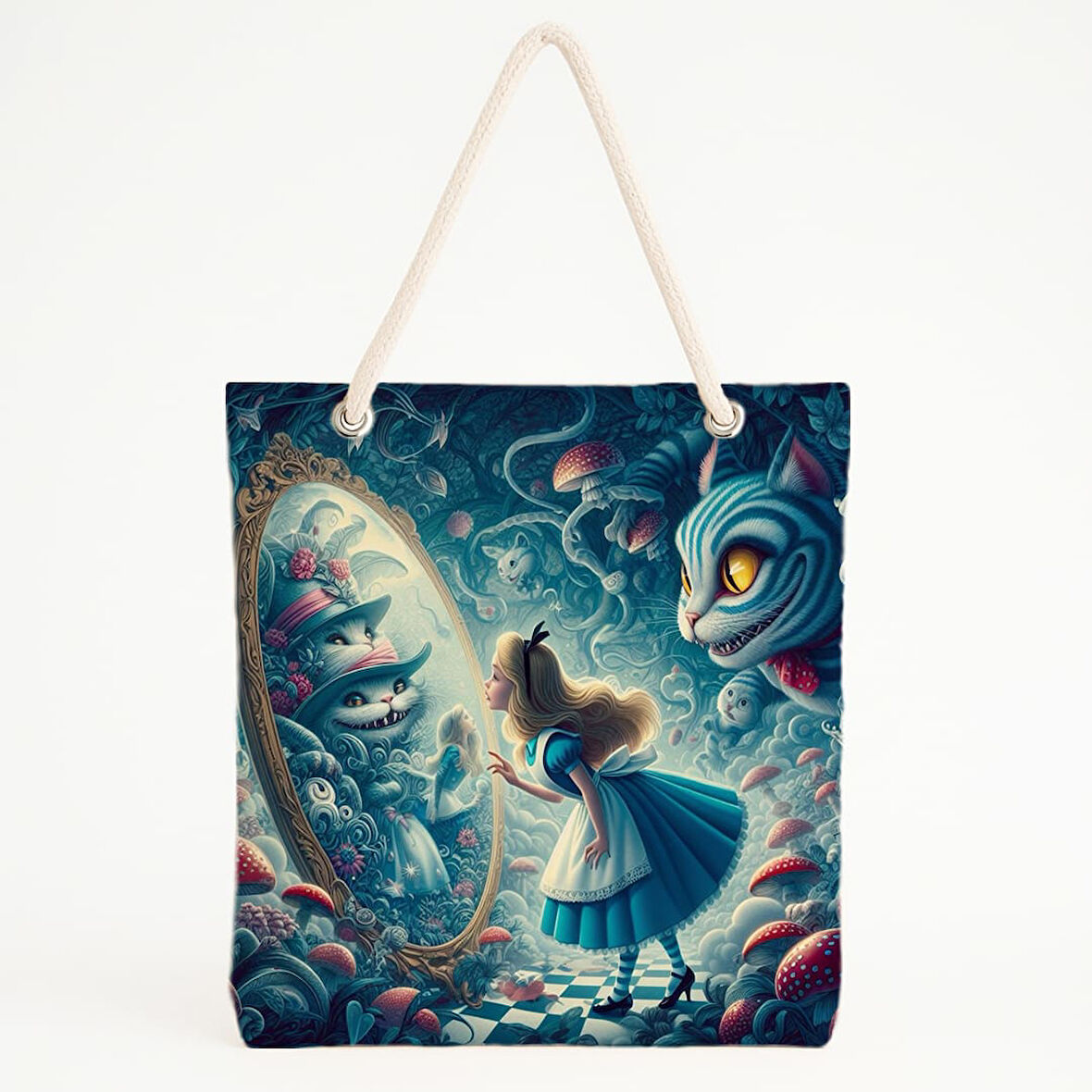 Alice ve Aynadaki Dünya Baskılı Plaj Çantası