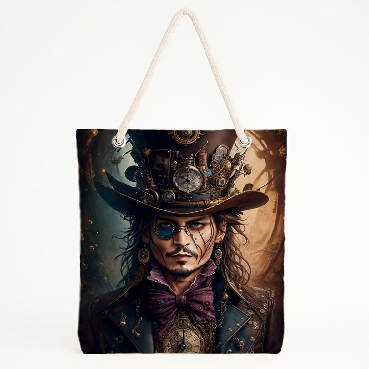 Saatli Şapkacı Baskılı Steampunk Tarzı Plaj Çantası