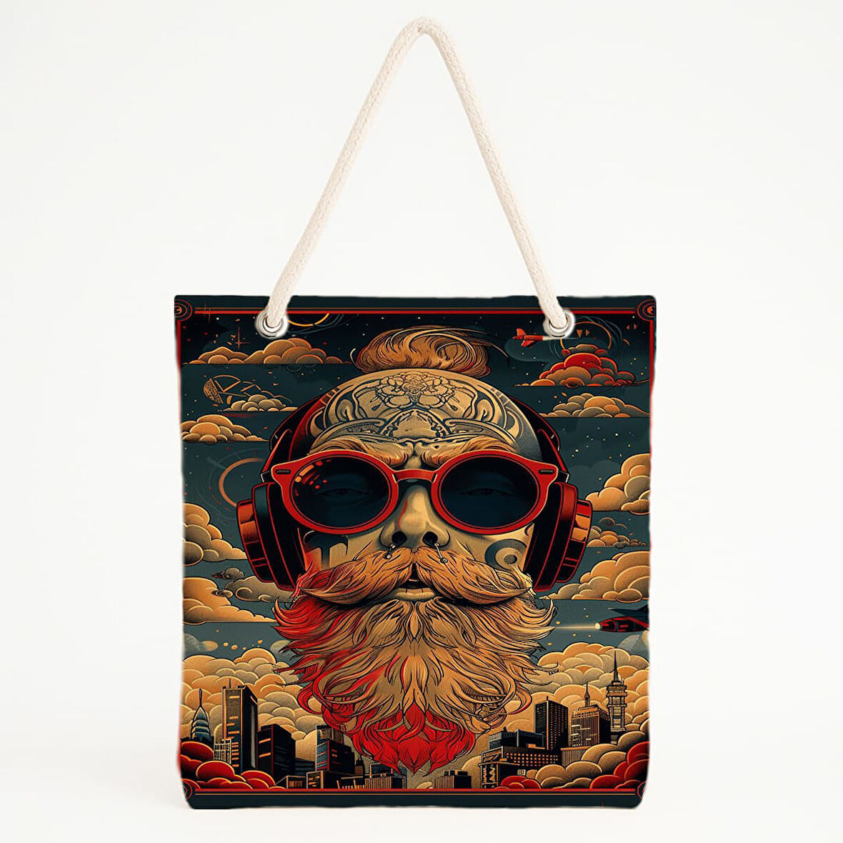 Uçan Şehirli Baskılı Fantastik Retro Tarz Plaj Çantası