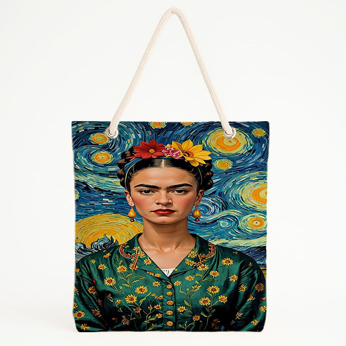 Frida ve Yıldızlı Gece Baskılı Sanatsal Duygusal Plaj Çantası