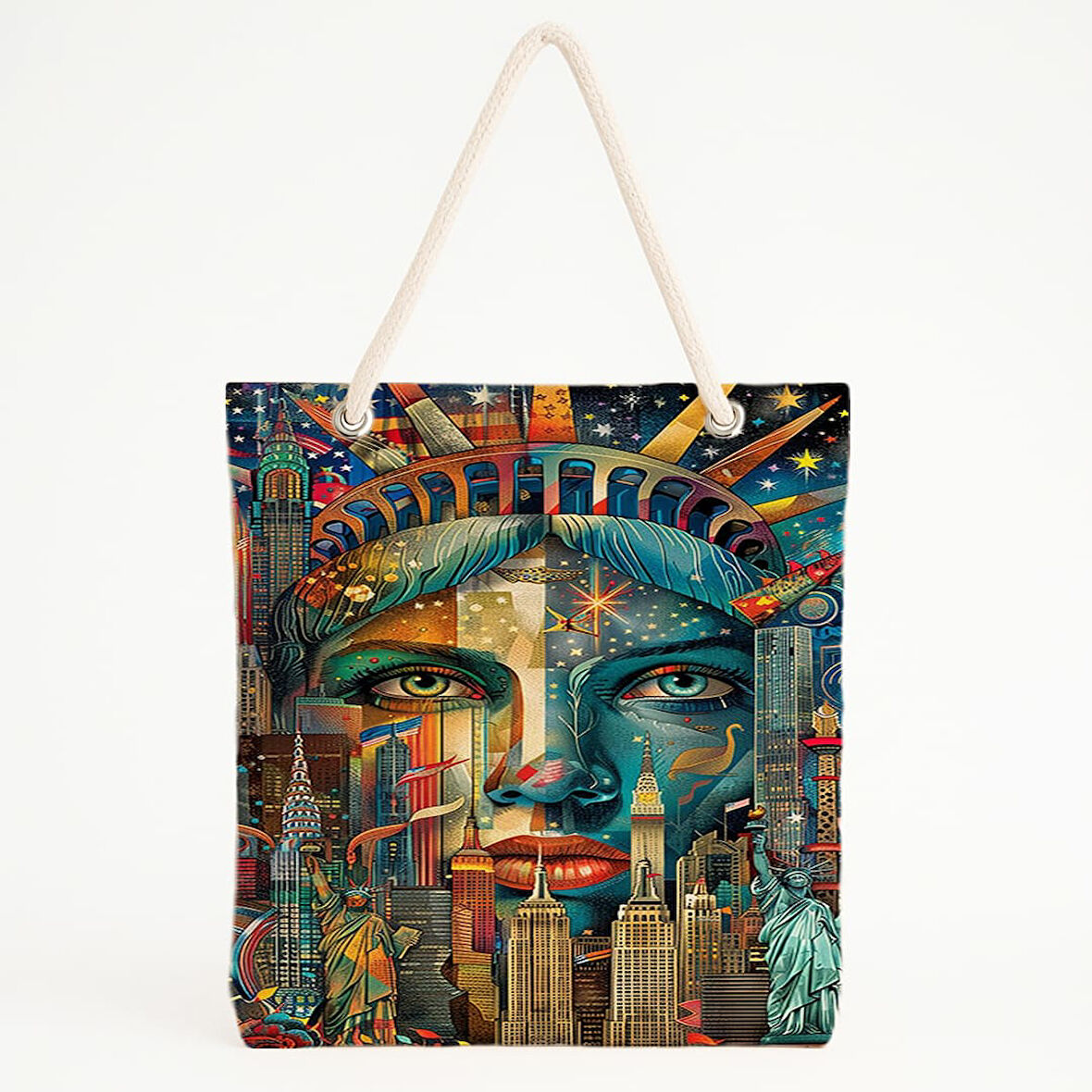 NYC ve Özgürlük Yüzü Baskılı Kozmik Şehir Plaj Çantası