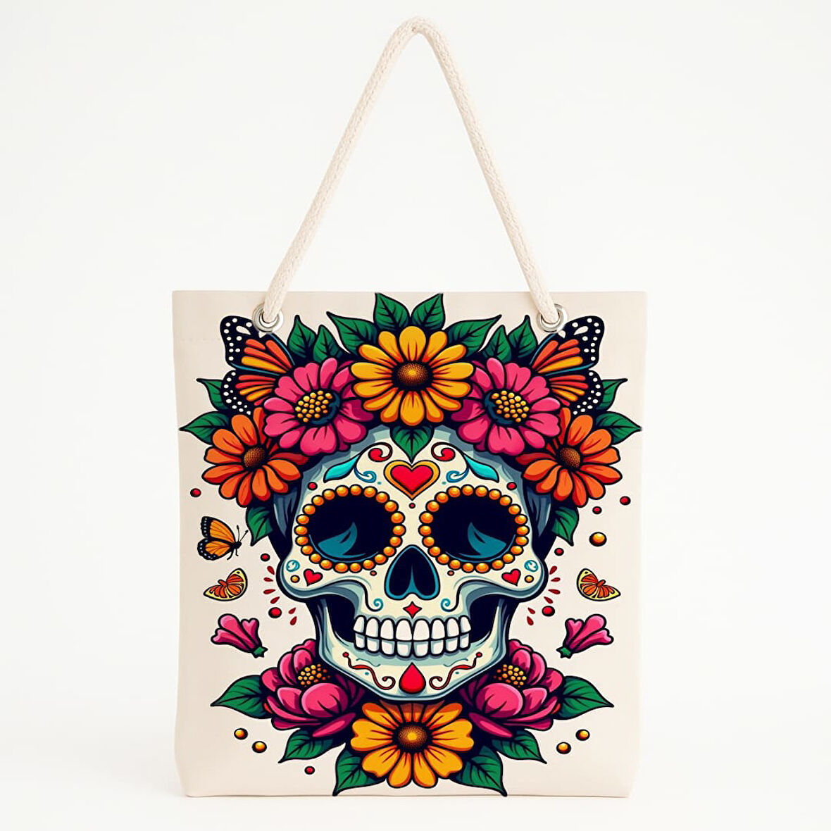 Çiçekli Şeker Kafatası Baskılı Kültürel Renkli Plaj Çantası