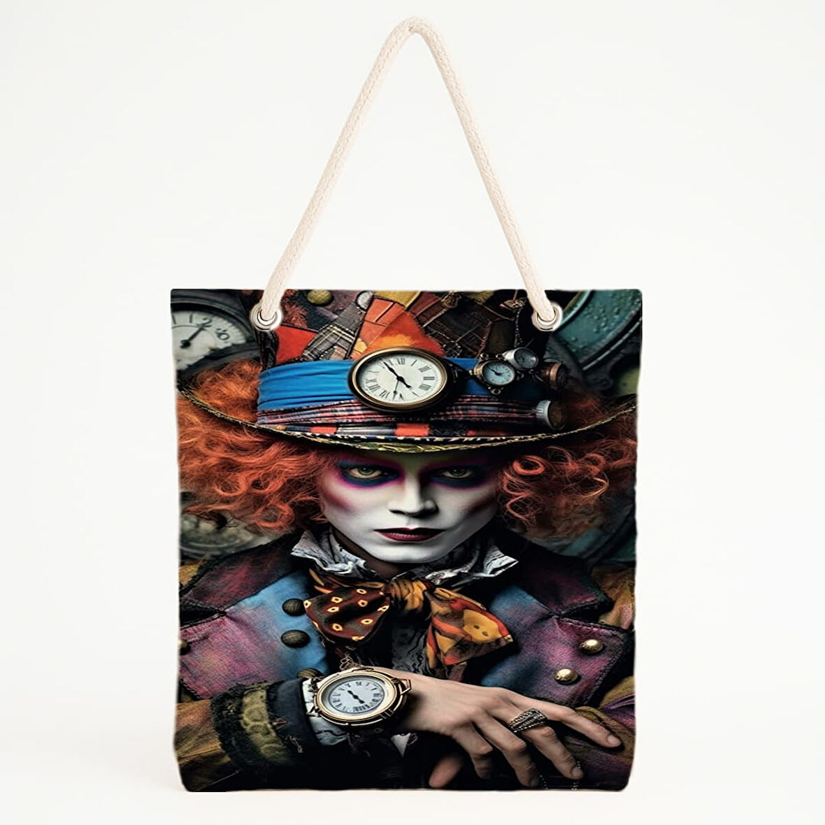 Mad Hatter Baskılı Zaman Temalı Eksantrik Plaj Çantası