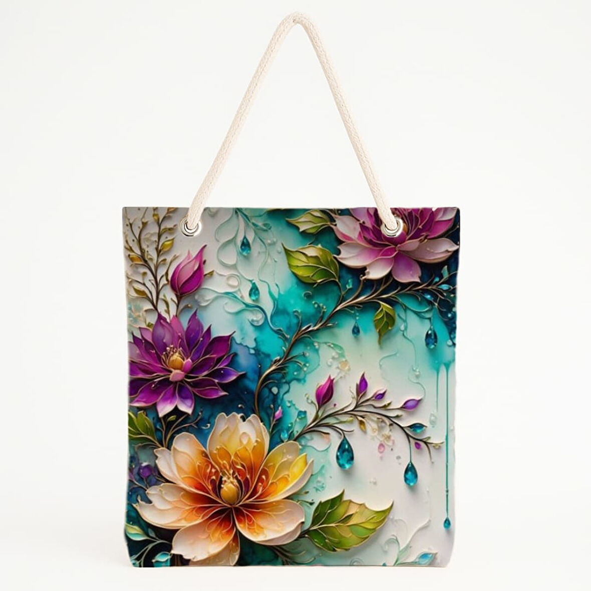 Mor ve Turuncu Çiçek Baskılı Sulu Tonlu Plaj Çantası