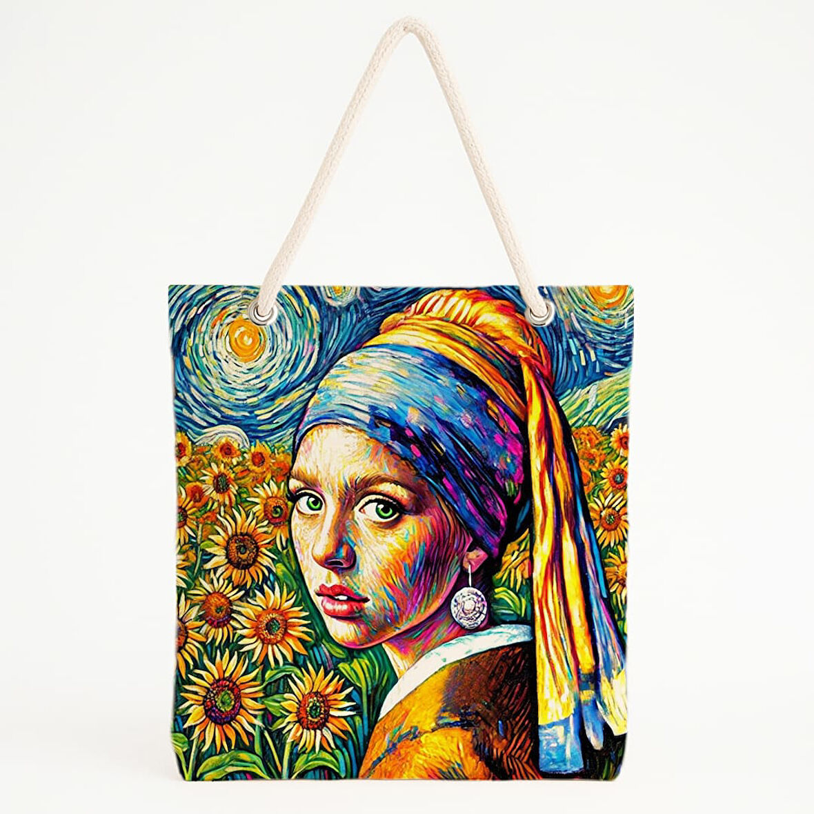 İnci Küpeli Kız Baskılı Van Gogh Esintili Plaj Çantası
