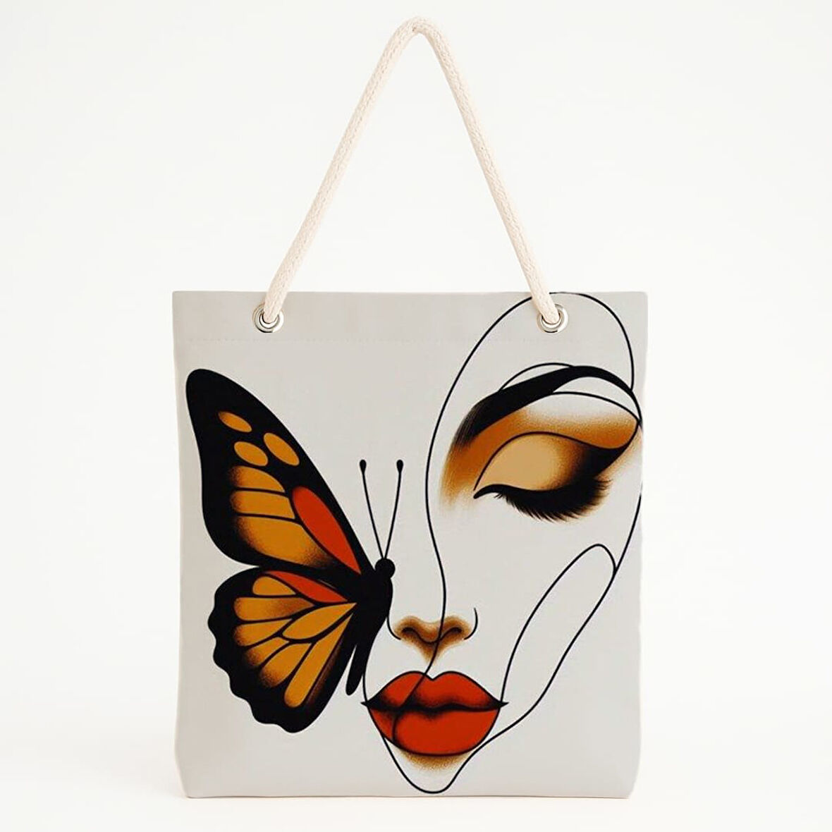 Kelebekli Yüz Baskılı Minimal ve Çarpıcı Plaj Çantası
