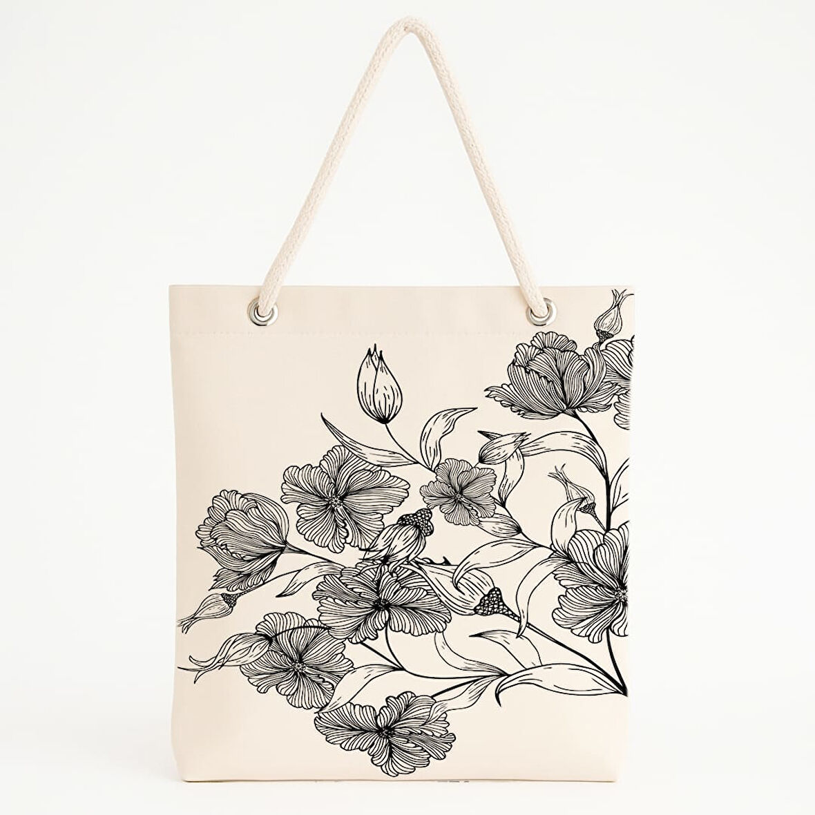 Siyah Çiçek Desenli Zarif Doğa Temalı Plaj Çantası