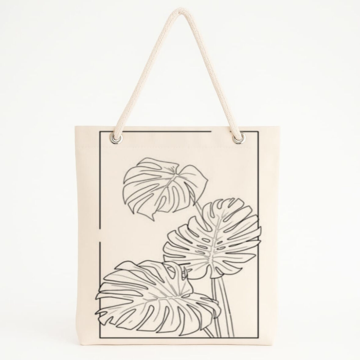 Monstera Çizimi Baskılı Minimal Doğa Temalı Plaj Çantası