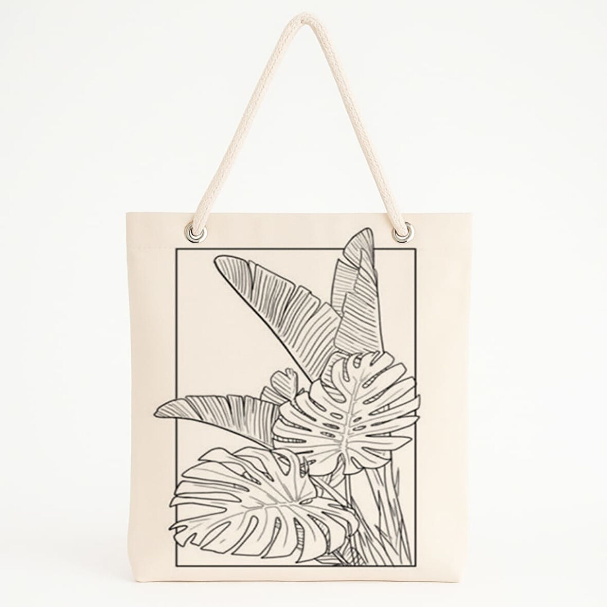 Tropik Yaprak Çizimi Baskılı Minimal Doğa Plaj Çantası