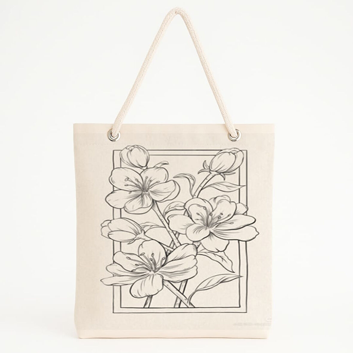 Çerçeveli Çiçek Baskılı Zarif Doğa Temalı Plaj Çantası