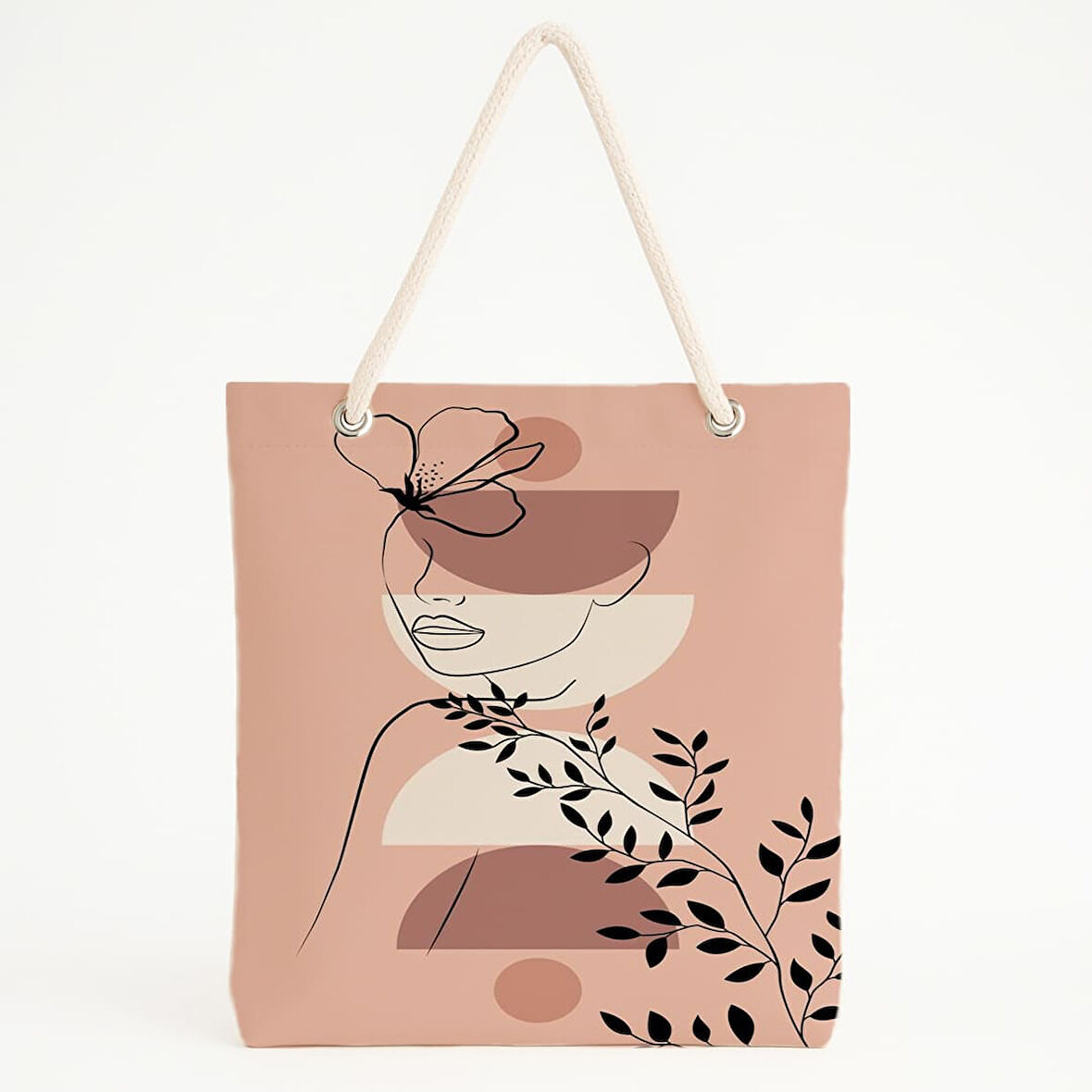 Soyut Çiçekli Yüz Baskılı Pembe Duygusal Plaj Çantası