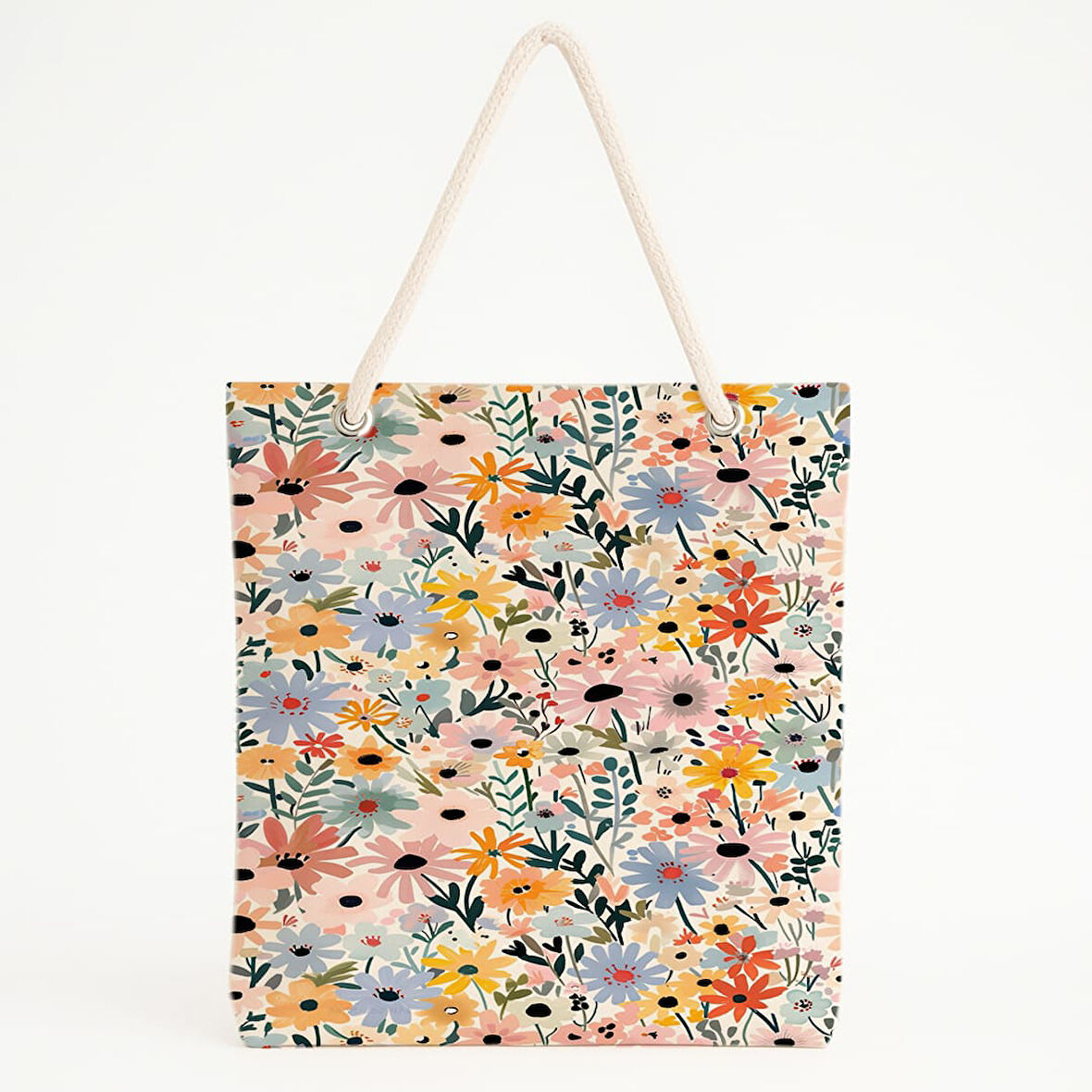 Renkli Çiçek Desenli Pastel Neşeli Bahçe Plaj Çantası