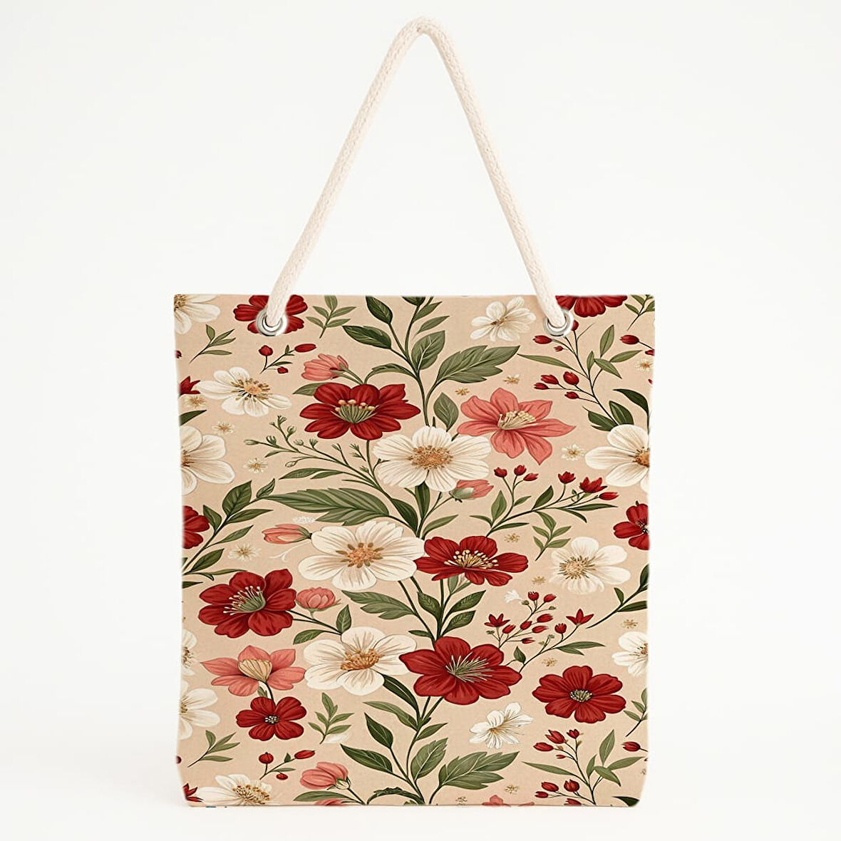 Yoğun Çiçek Desenli Bej Bahar Temalı Plaj Çantası
