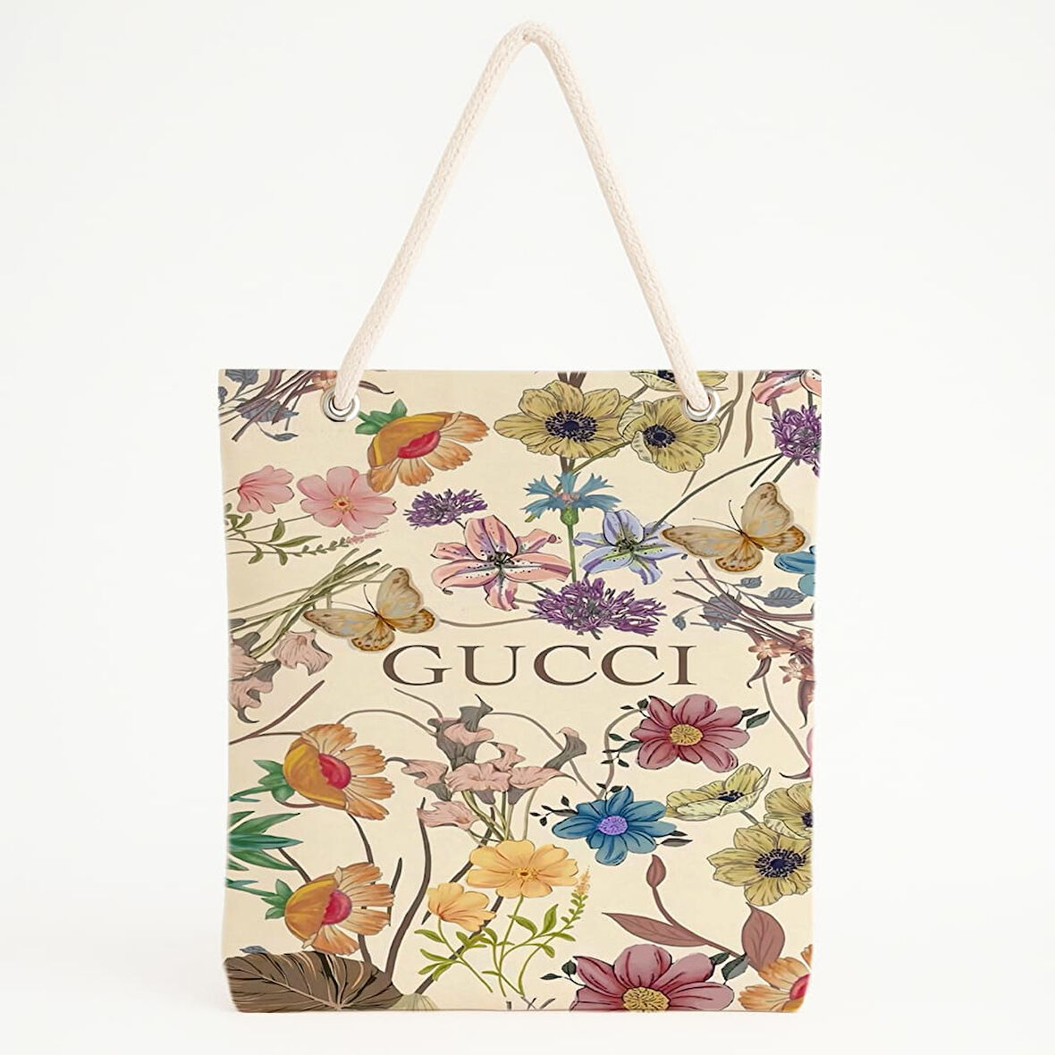 Kelebekli Renkli Çiçek Desenli Pastel Plaj Çantası