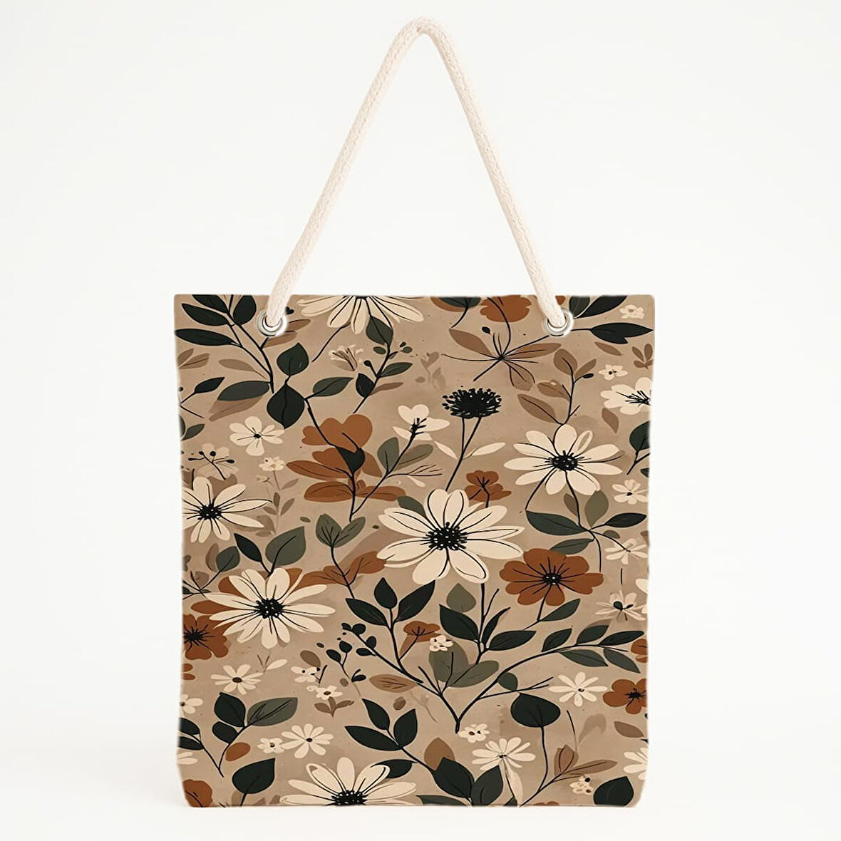 Toprak Tonlu Çiçek Desenli Zarif Doğa Temalı Plaj Çantası