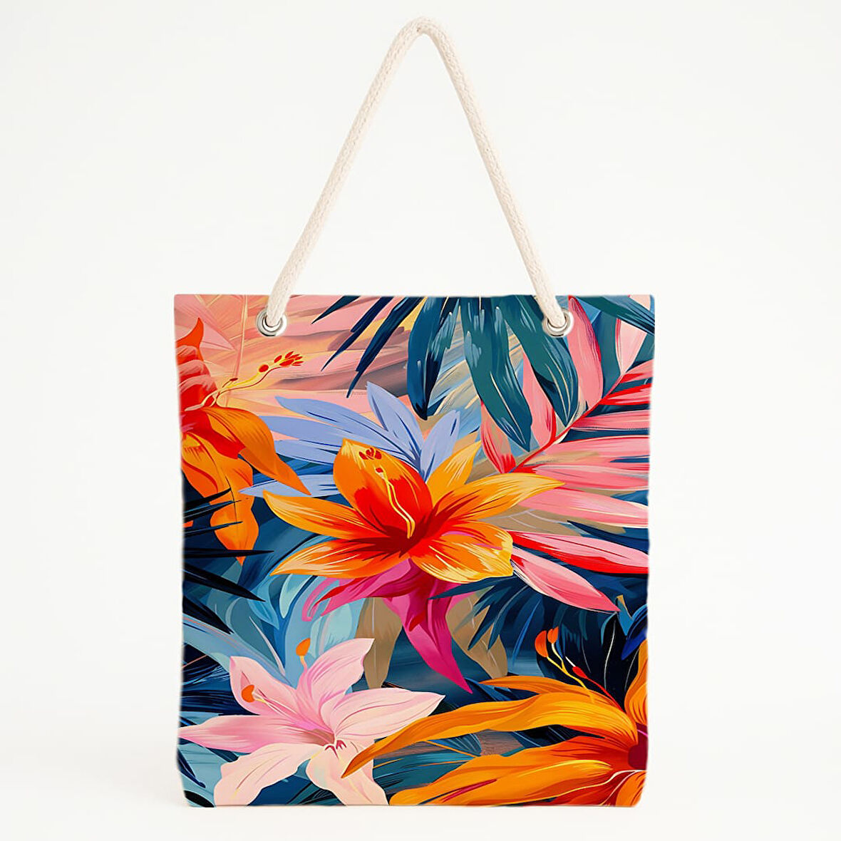 Tropikal Çiçek Desenli Renkli Yapraklı Plaj Çantası