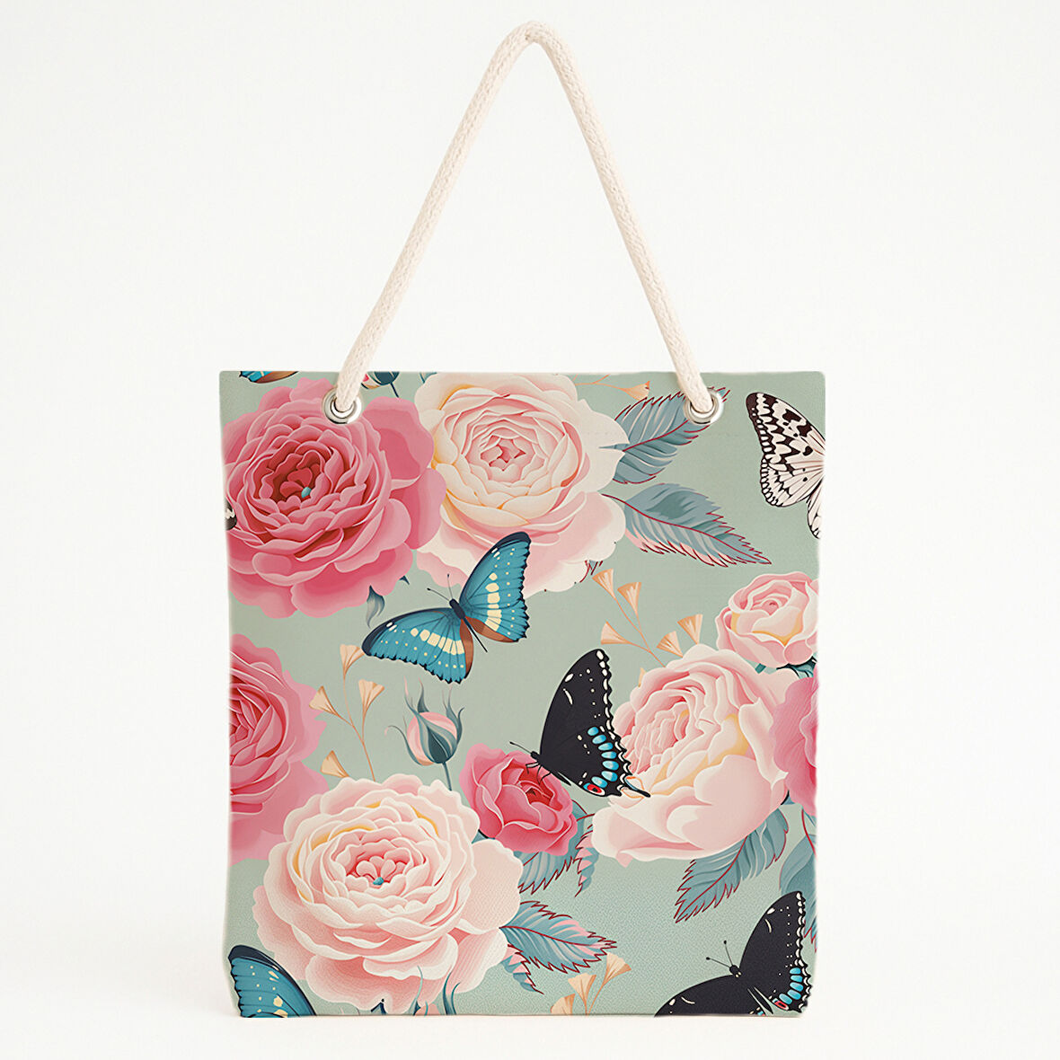 Güllü Kelebek Desenli Mavi Plaj Çantası