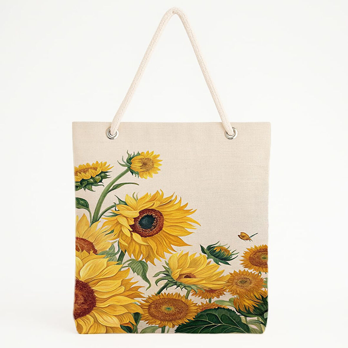 Çoklu Ayçiçeği Desenli Bej Zeminli Doğal Plaj Çantası