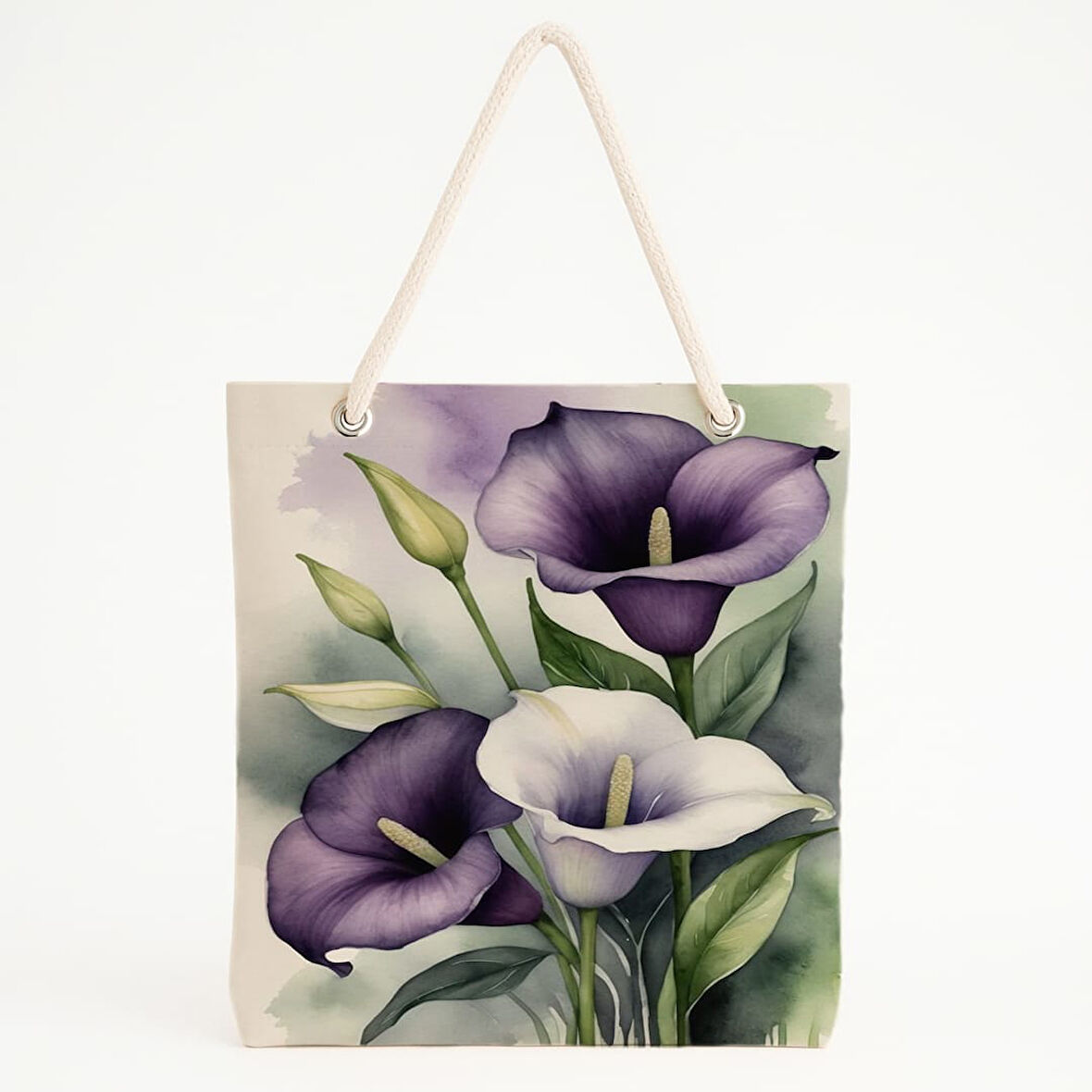 Mor Calla Lily Desenli Suluboya Zeminli Zarif Plaj Çantası
