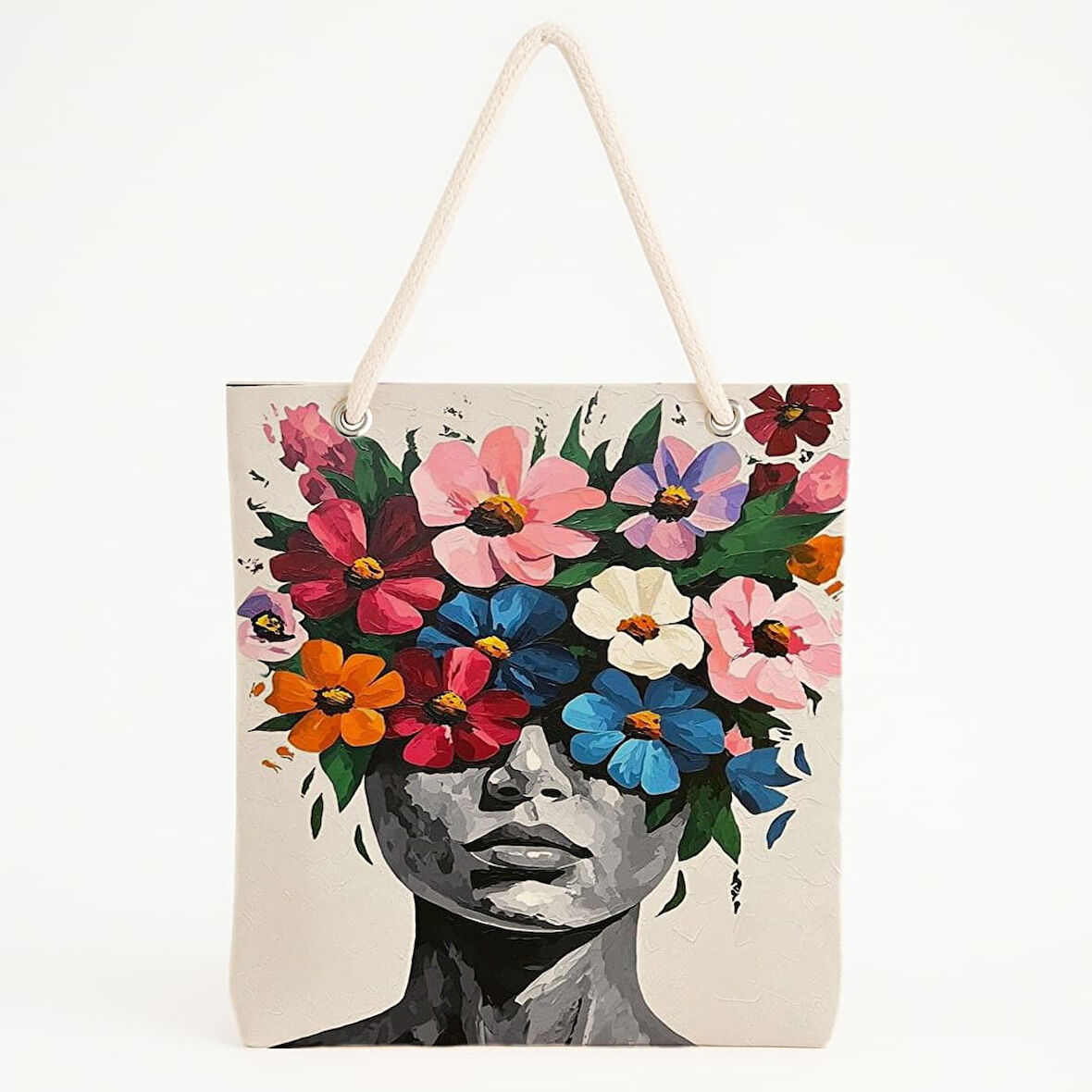 Çiçekle Örtülü Portre Desenli Gri Zeminli Sanatsal Çanta