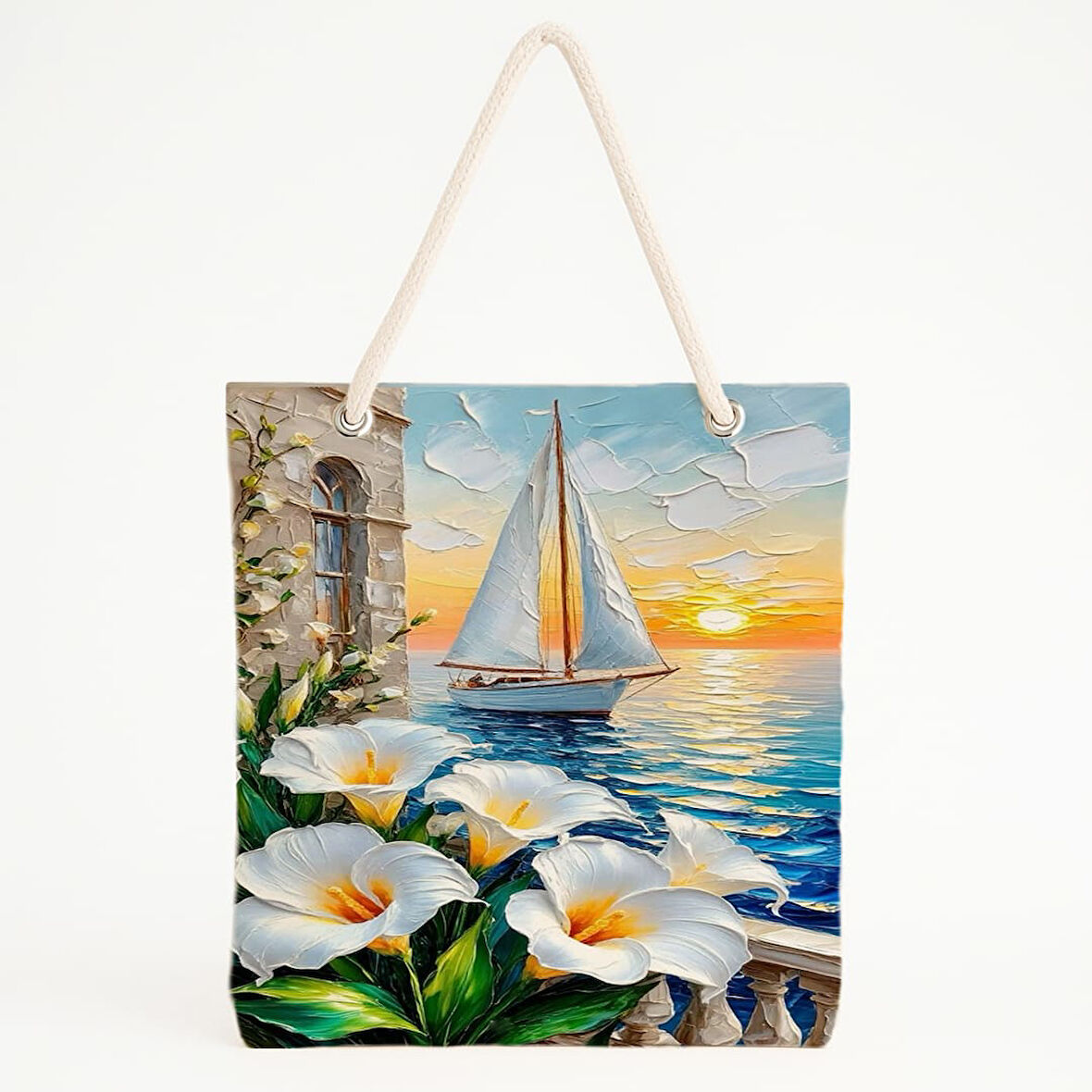 Günbatımı Manzaralı Çiçekli Yelkenli Temalı Plaj Çantası