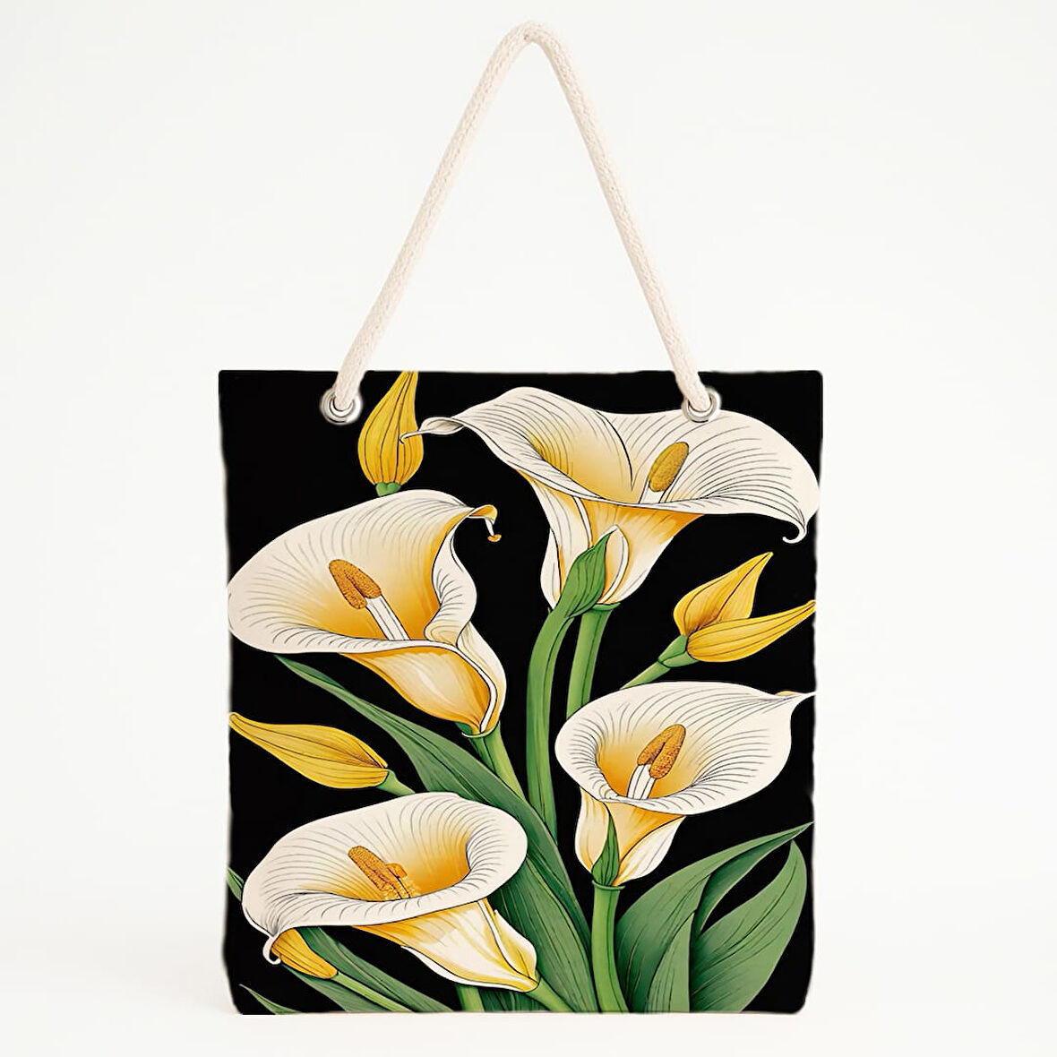 Calla Lily Desenli Siyah Zeminli Kontrastlı Plaj Çantası