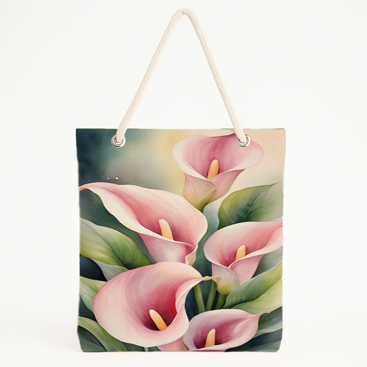 Pembe Calla Lily Desenli Pastel Zeminli Zarif Plaj Çantası