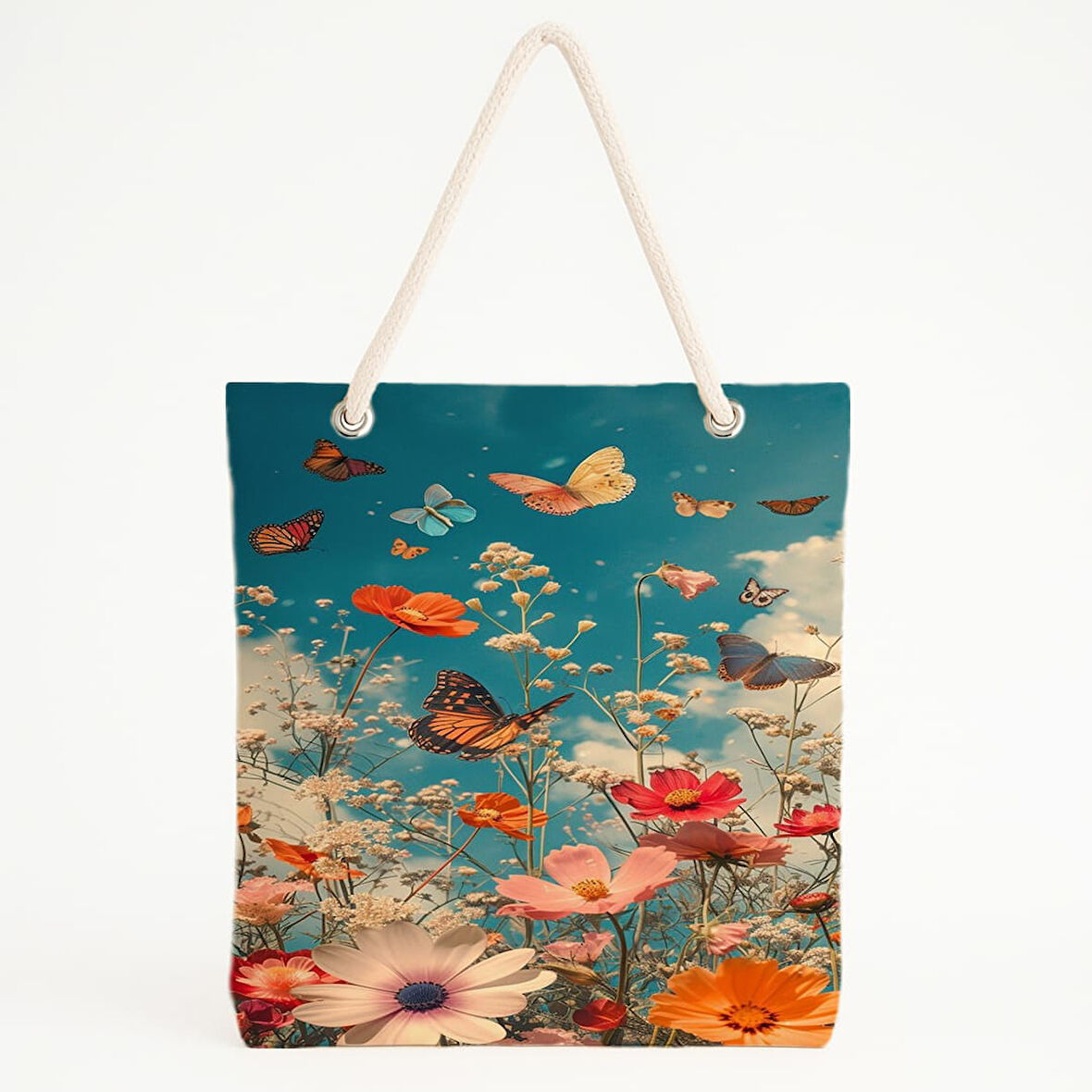 Kır Çiçekli Kelebek Desenli Mavi Gökyüzü Plaj Çantası