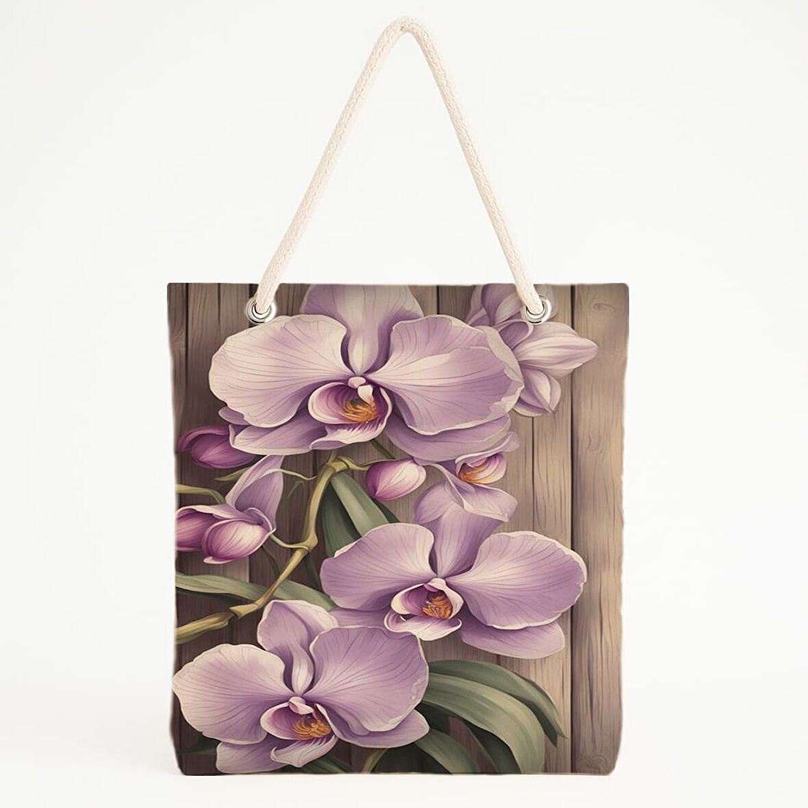 Mor Orkide Desenli Ahşap Zeminli Zarif Plaj Çantası
