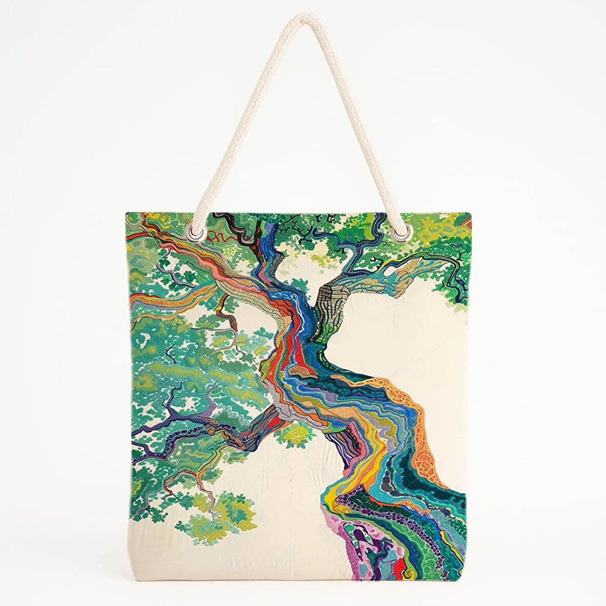 Renkli Ağaç Desenli Bej Zeminli Soyut Sanat Plaj Çantası
