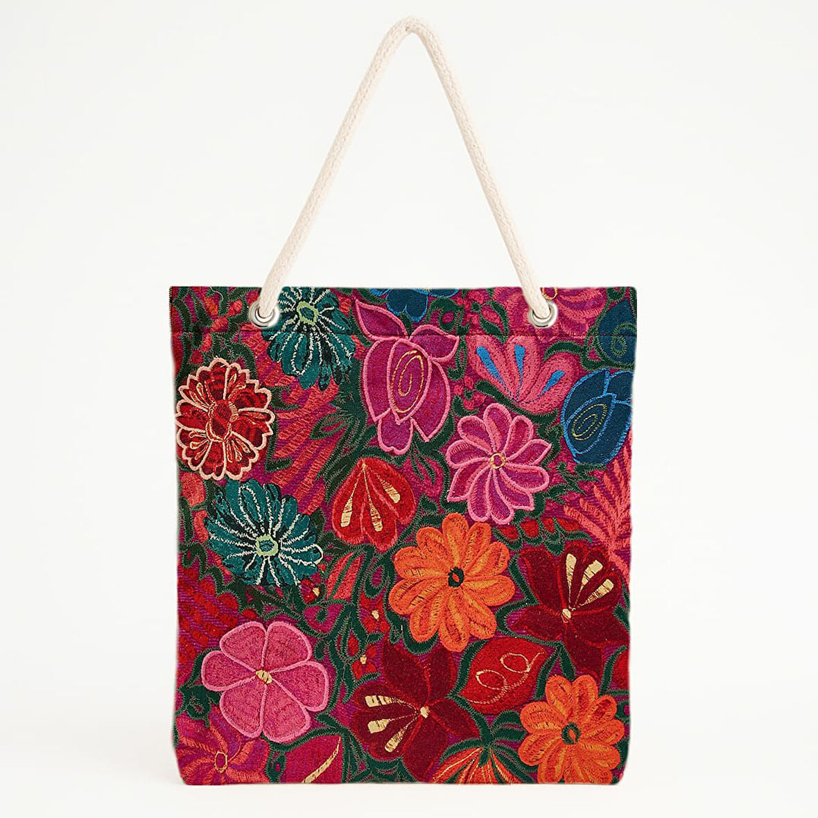 Nakış Çiçekli Kırmızı Zeminli Dokulu Sanatsal Plaj Çantası