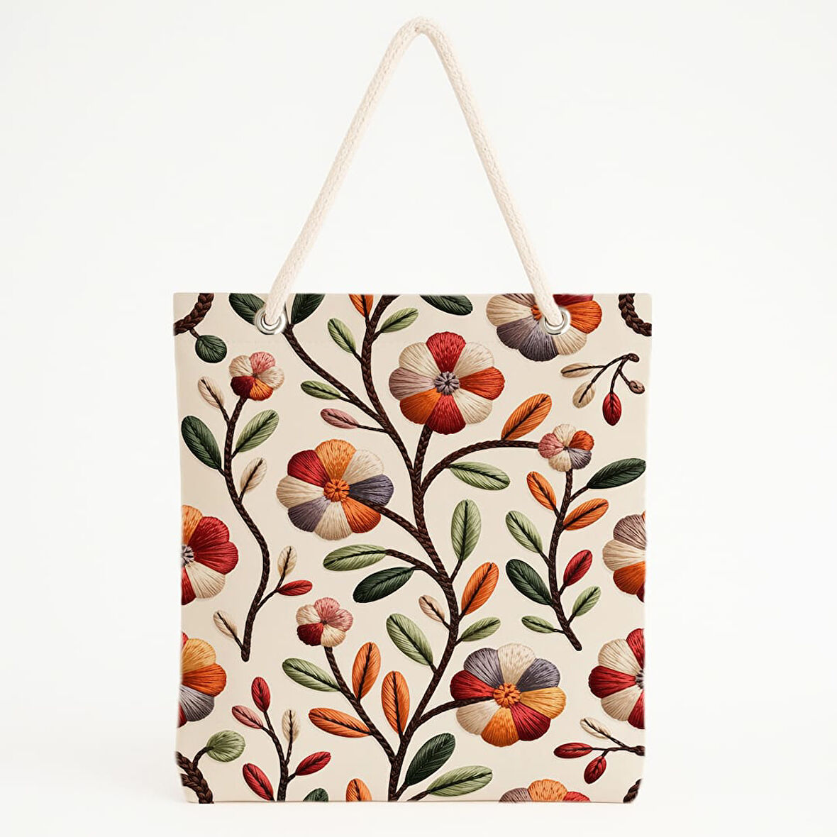 Nakış Çiçekli Krem Zeminli Zarif ve Dokulu Plaj Çantası