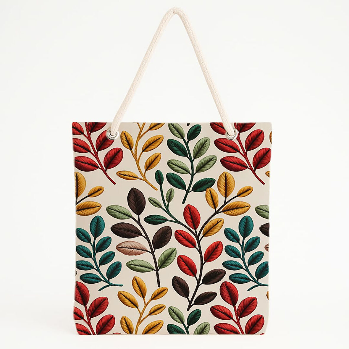 Renkli Yaprak Desenli Bej Zeminli Simetrik Plaj Çantası
