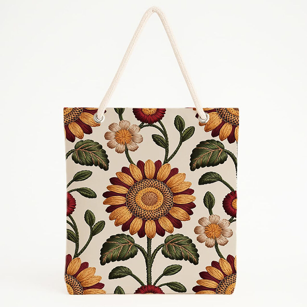 Ayçiçeği ve Beyaz Çiçek Desenli Krem Zeminli Plaj Çantası