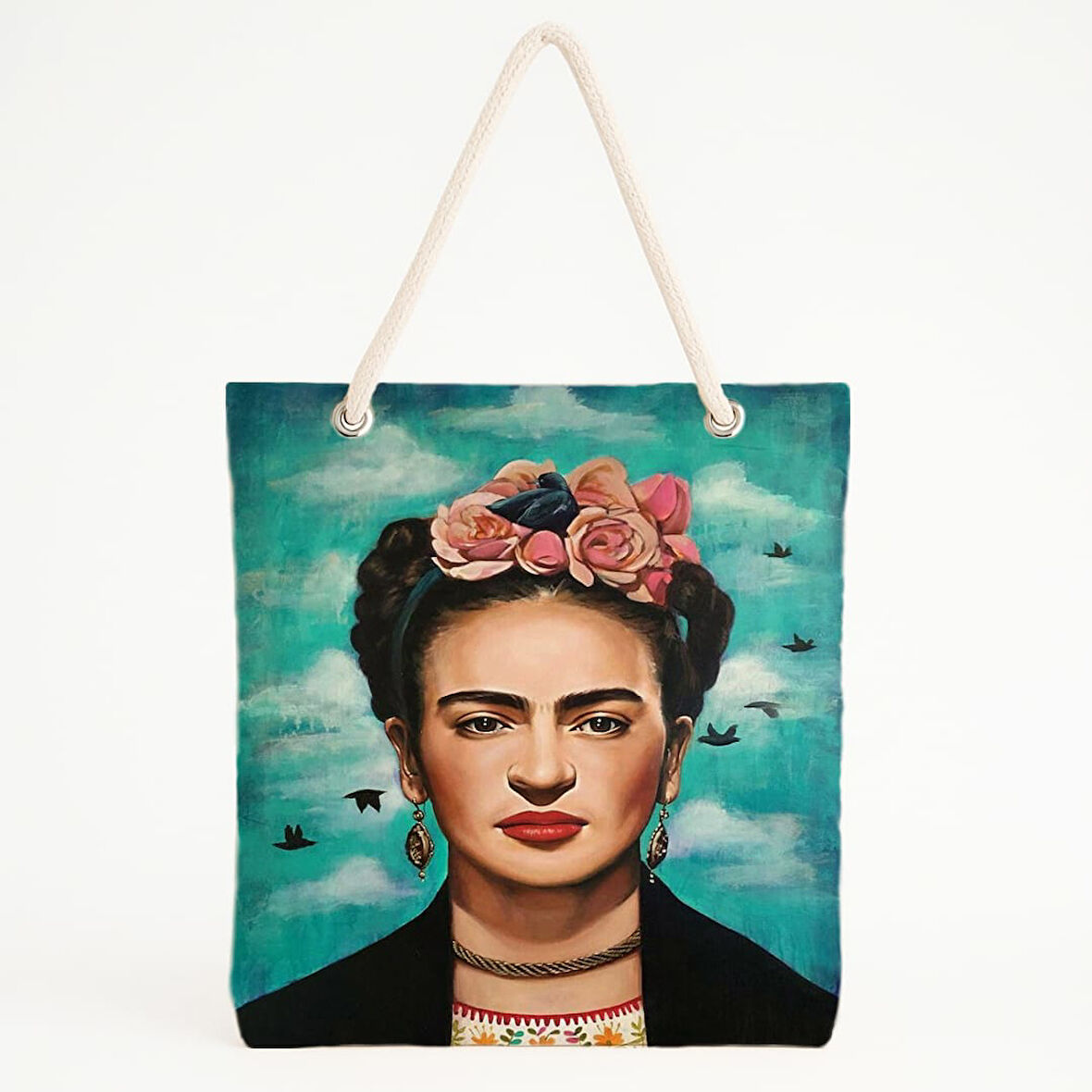 Frida Portreli Kuşlu Turkuaz Zeminli Sanatsal Plaj Çantası