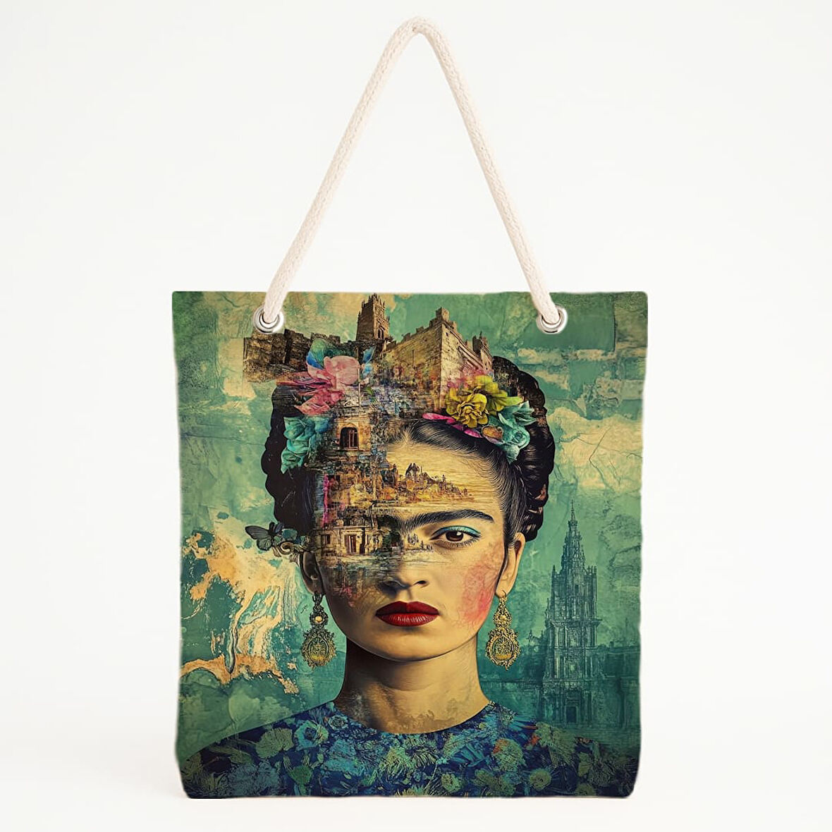 Mimariyle Örtülü Portre Desenli Turkuaz Zeminli Çanta