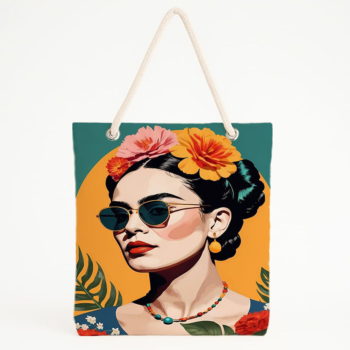 Tropik Portre Desenli Turkuaz Zeminli Sanatsal Plaj Çantası