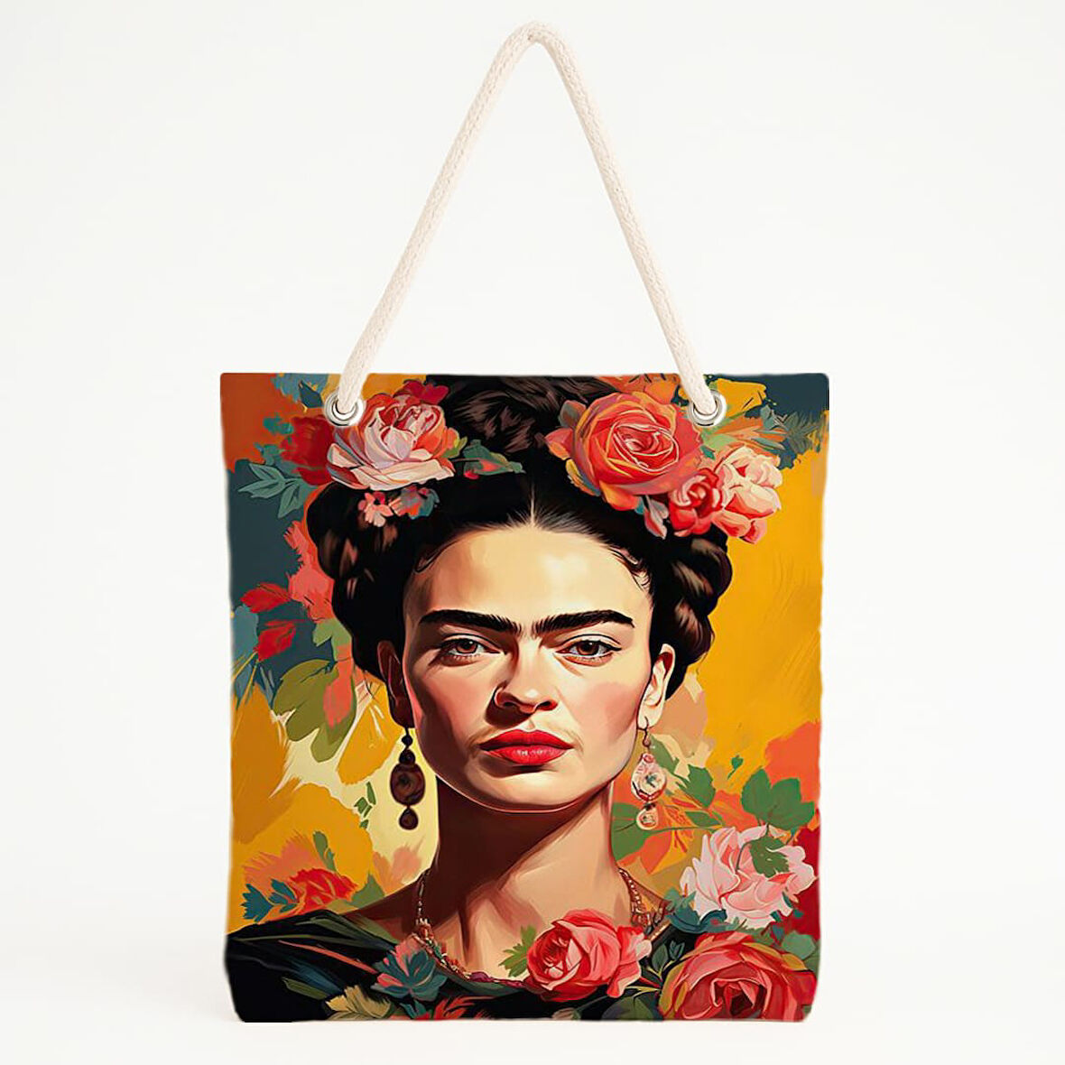 Frida Portreli Çiçek Desenli Sarı Zeminli Plaj Çantası