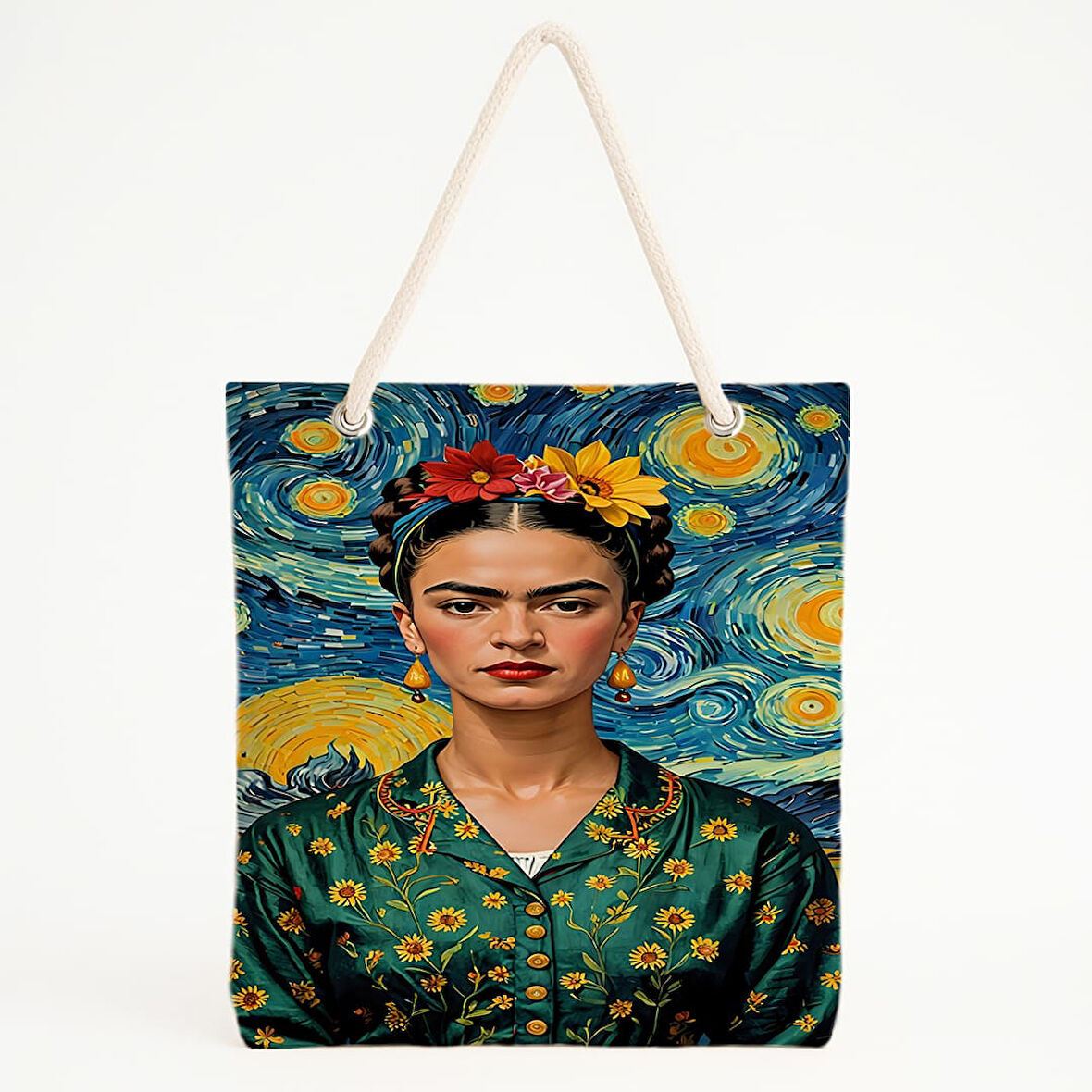 Frida ve Yıldızlı Gece Desenli Kozmik Zeminli Plaj Çantası