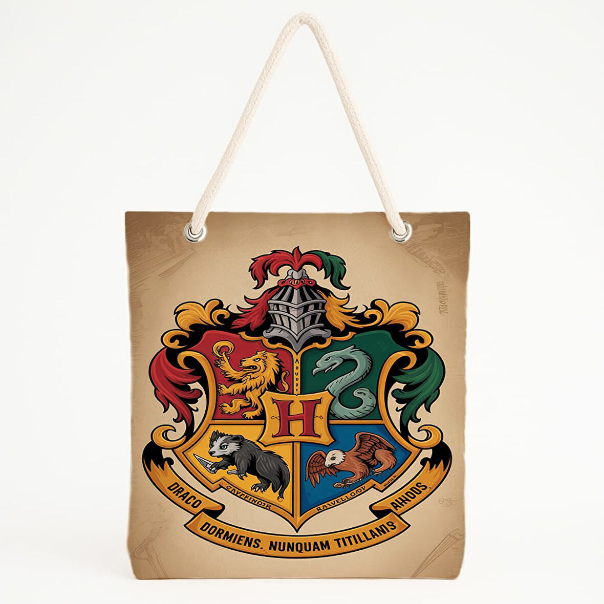 Hogwarts Armalı Dört Ev Temalı Bej Zeminli Plaj Çantası