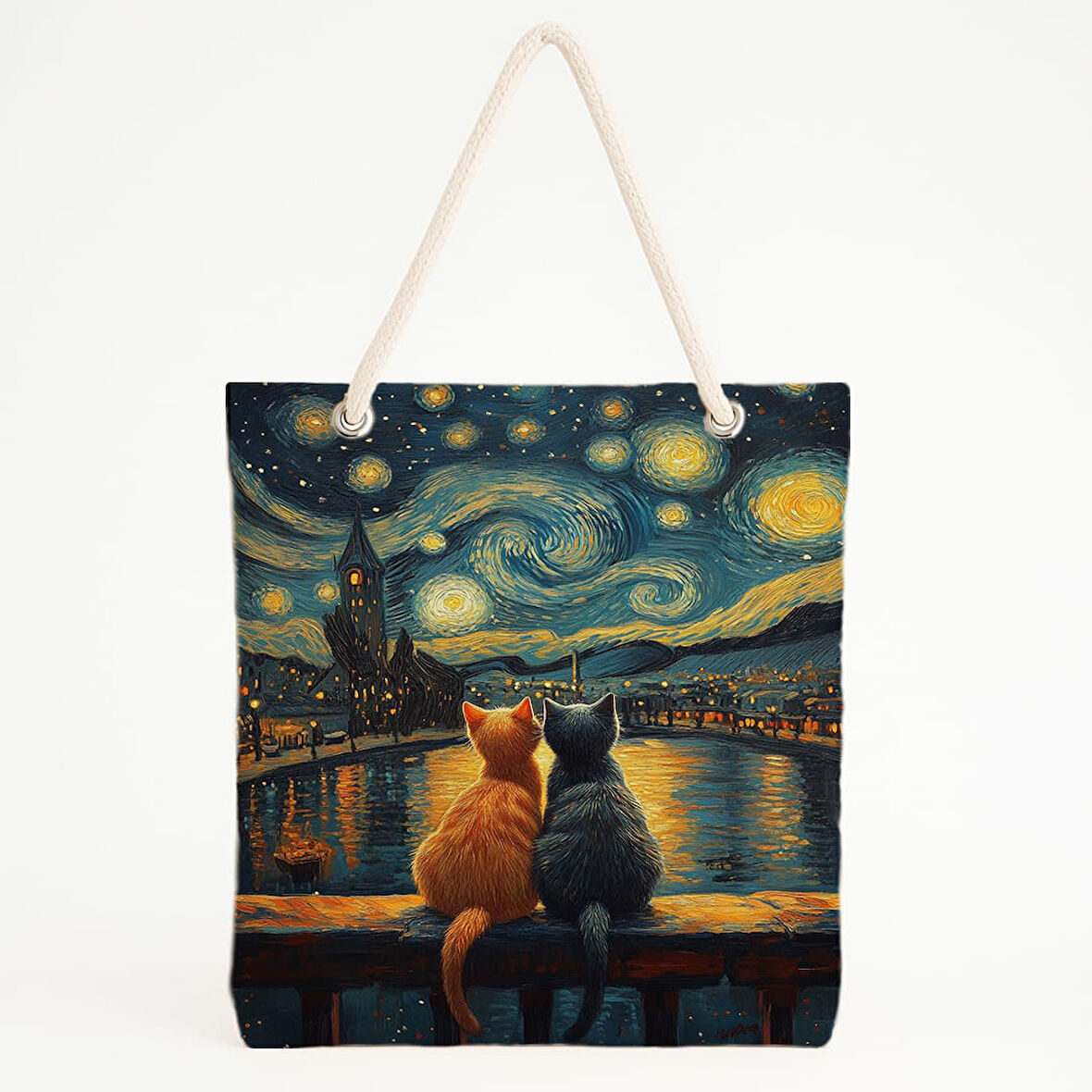 Yıldızlı Gece ve Kedi Silüetli Plaj Çantası