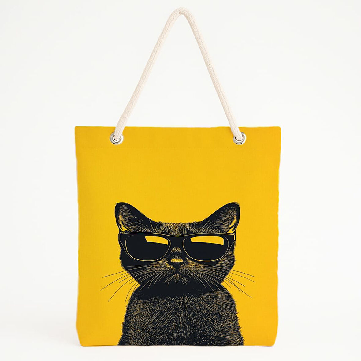 Sarı Fonlu Gözlüklü Kedi Desenli Plaj Çantası