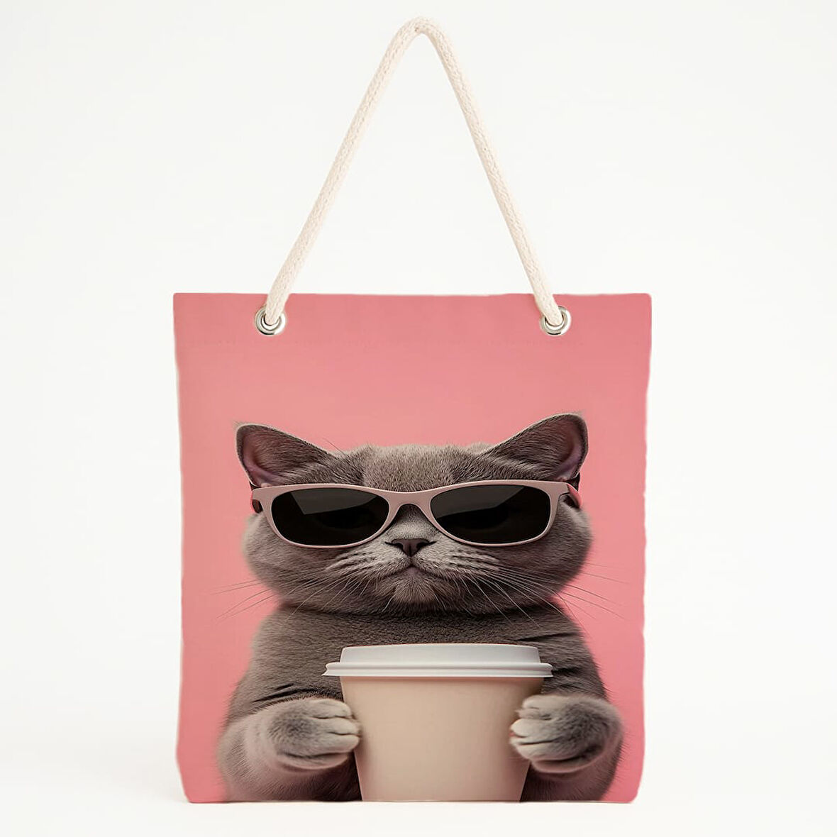 Kahve Kupalı Gözlüklü Kedi Temalı Plaj Çantası