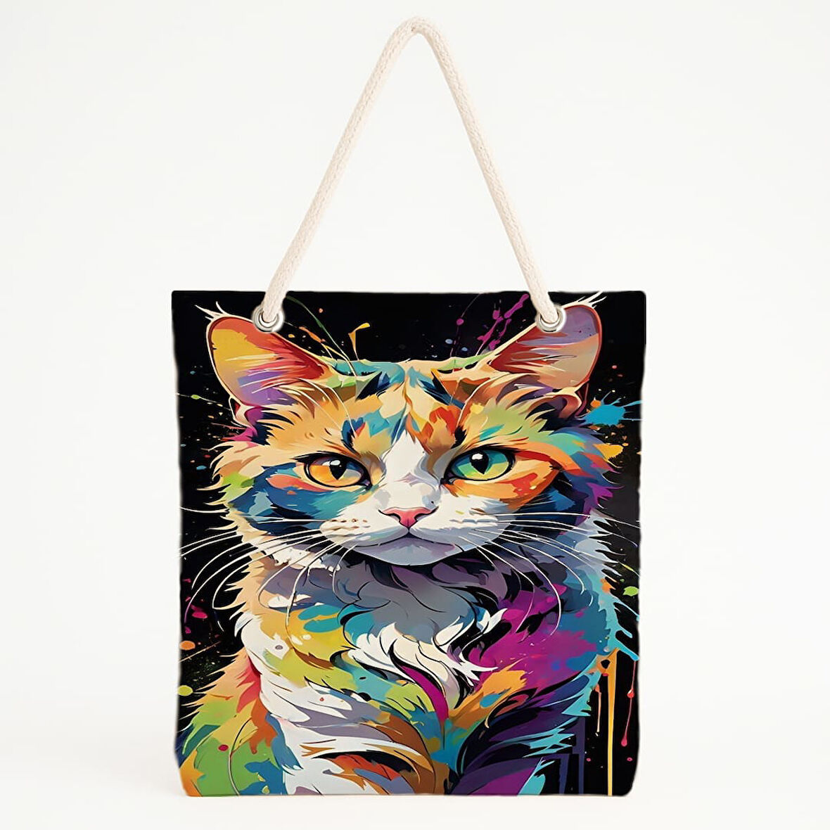 Renkli Kedi İllüstrasyonlu Plaj Çantası