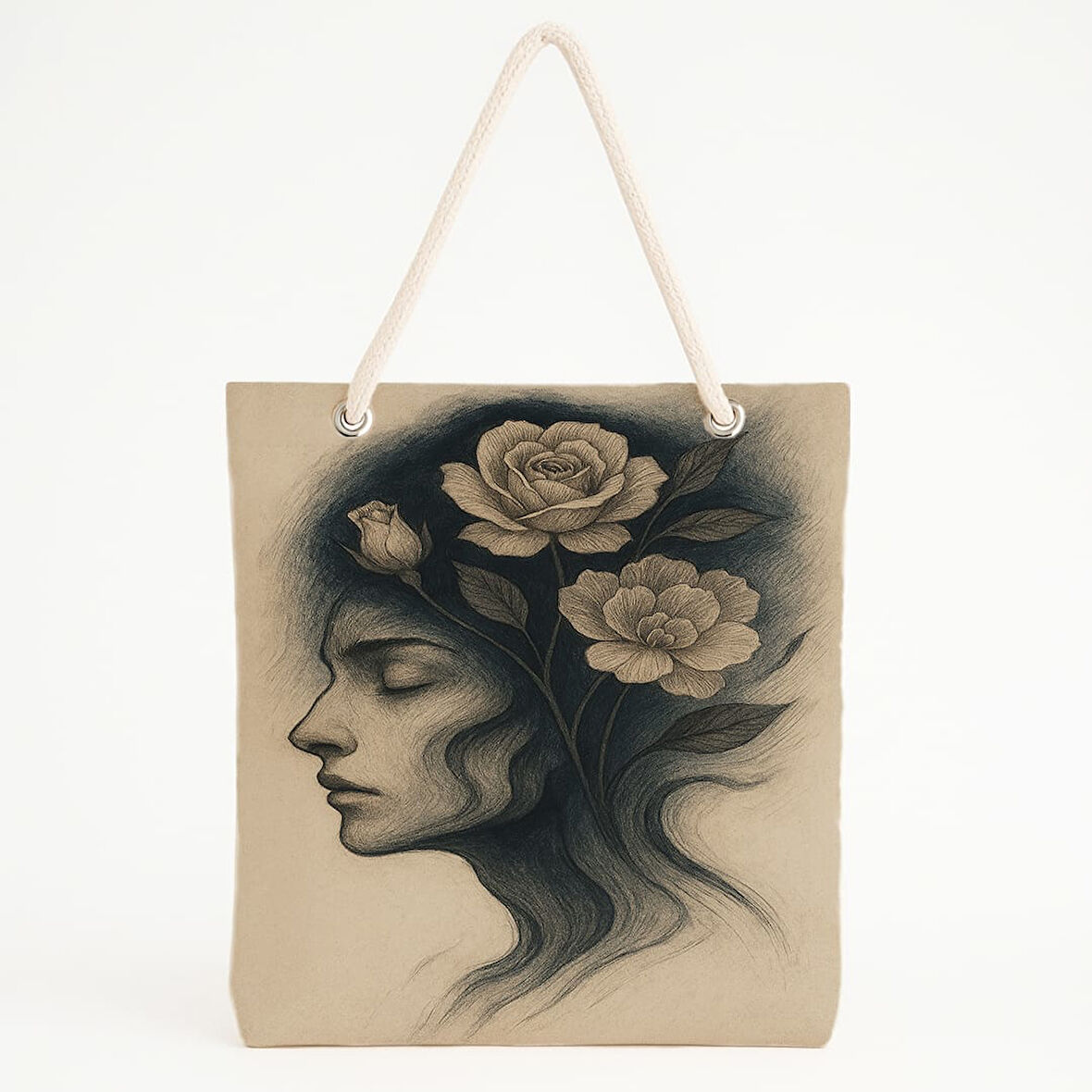 Çiçekli Kadın Profilli Monokrom Plaj Çantası