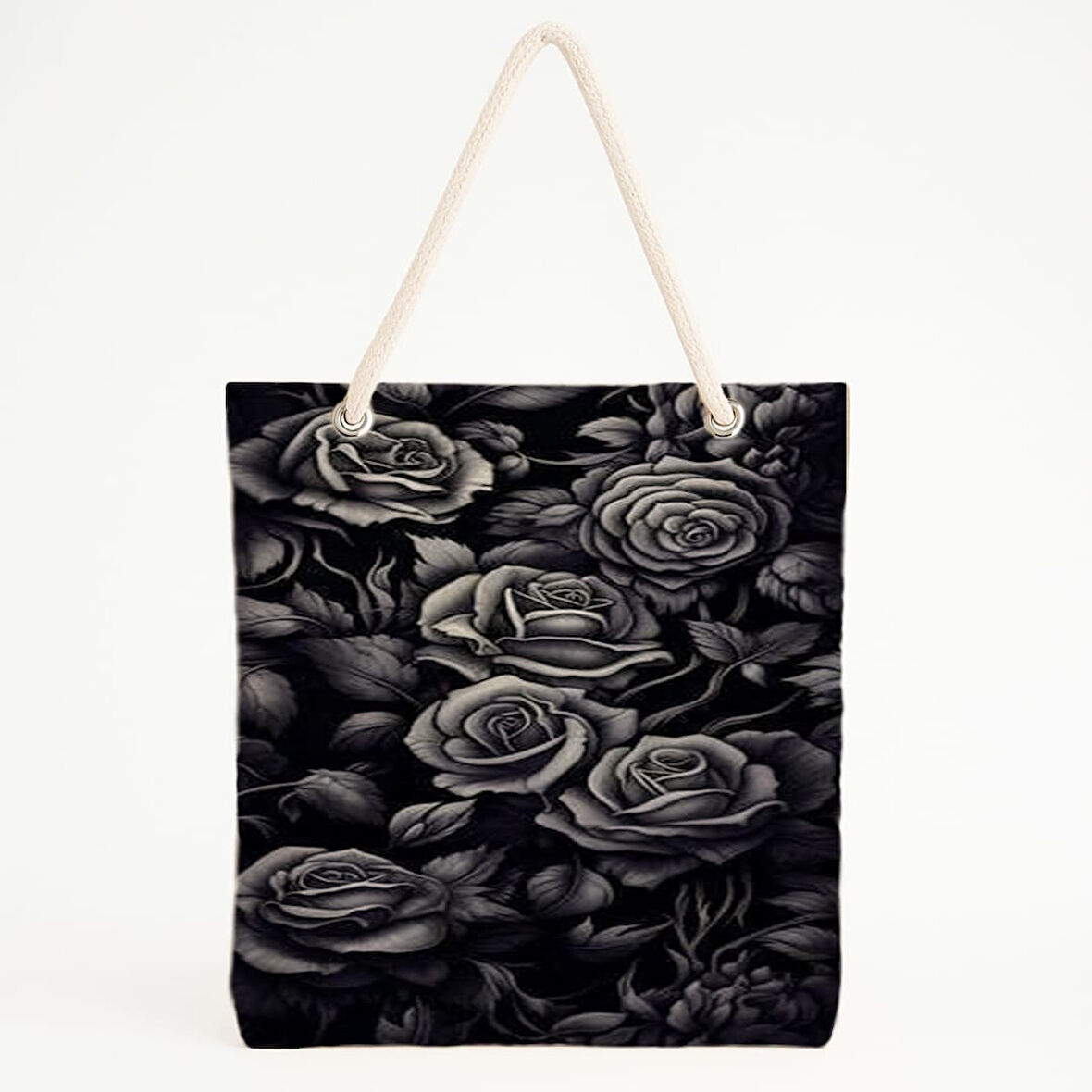 Yoğun Siyah Gül Desenli Gotik Plaj Çantası