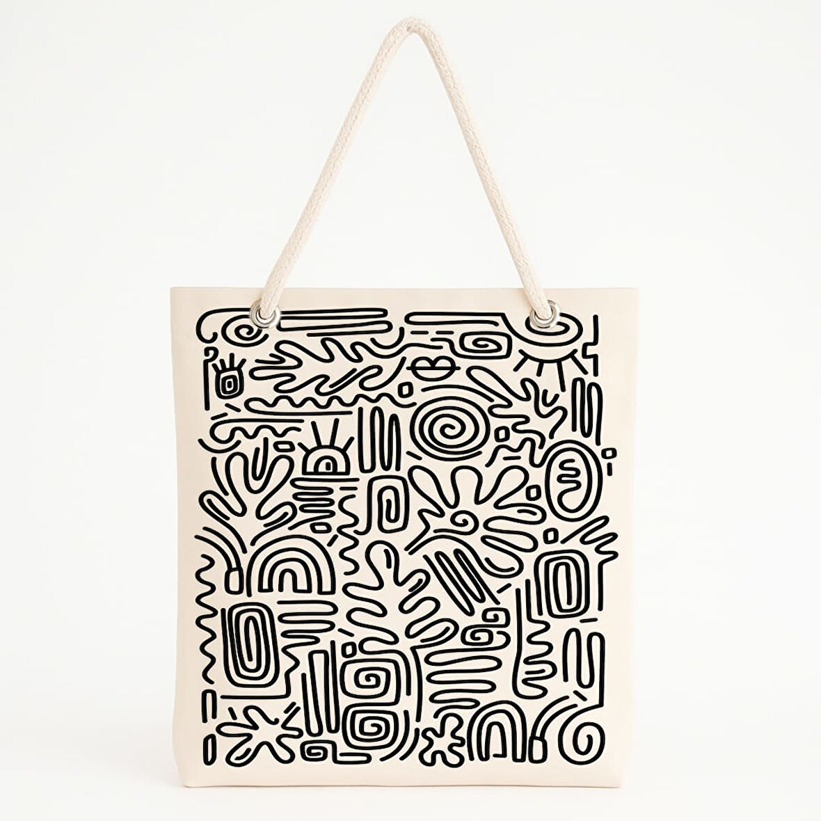 Bej Zeminli Soyut Siyah Desenli Plaj Çantası