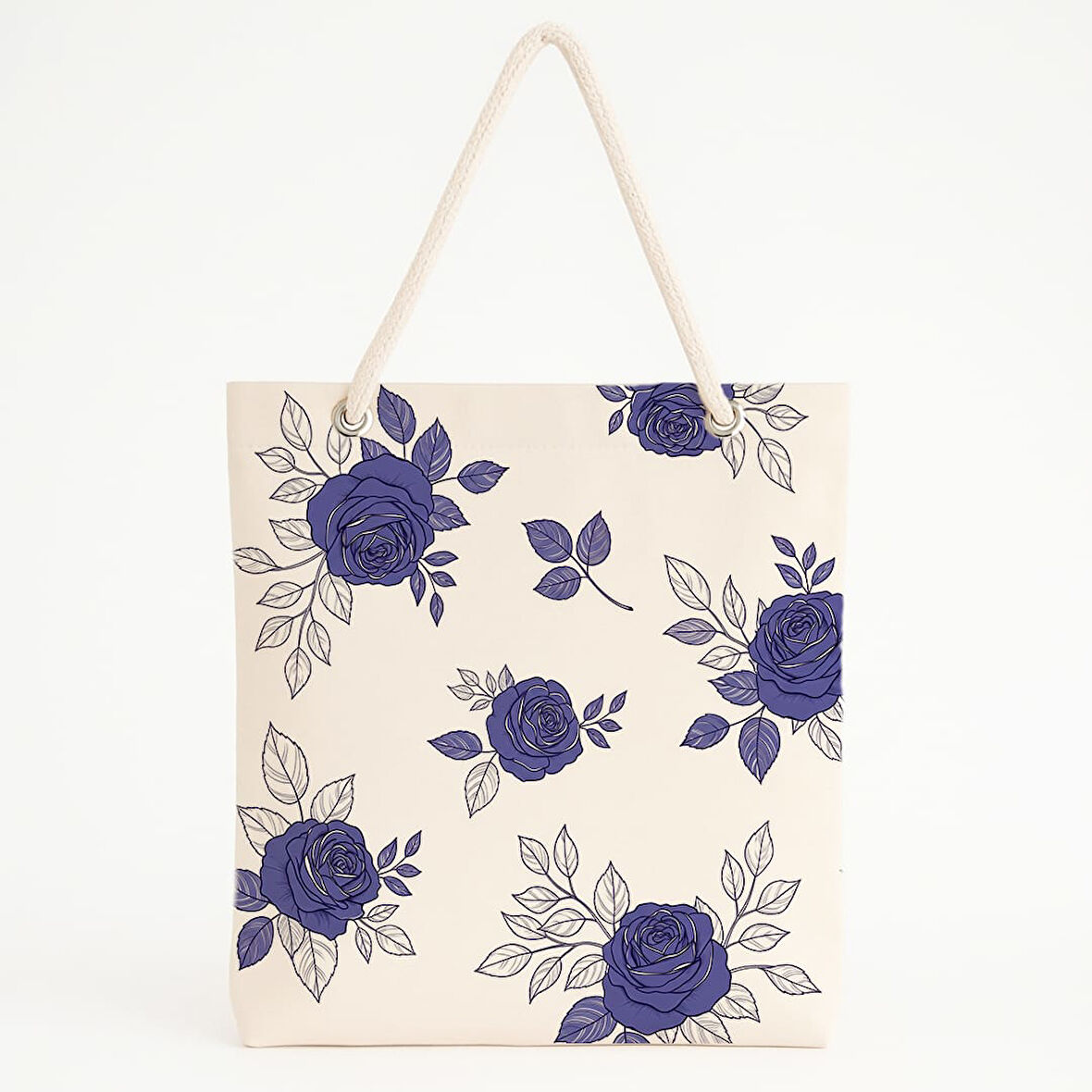 Bej Zeminli Mor Gül Desenli Plaj Çantası